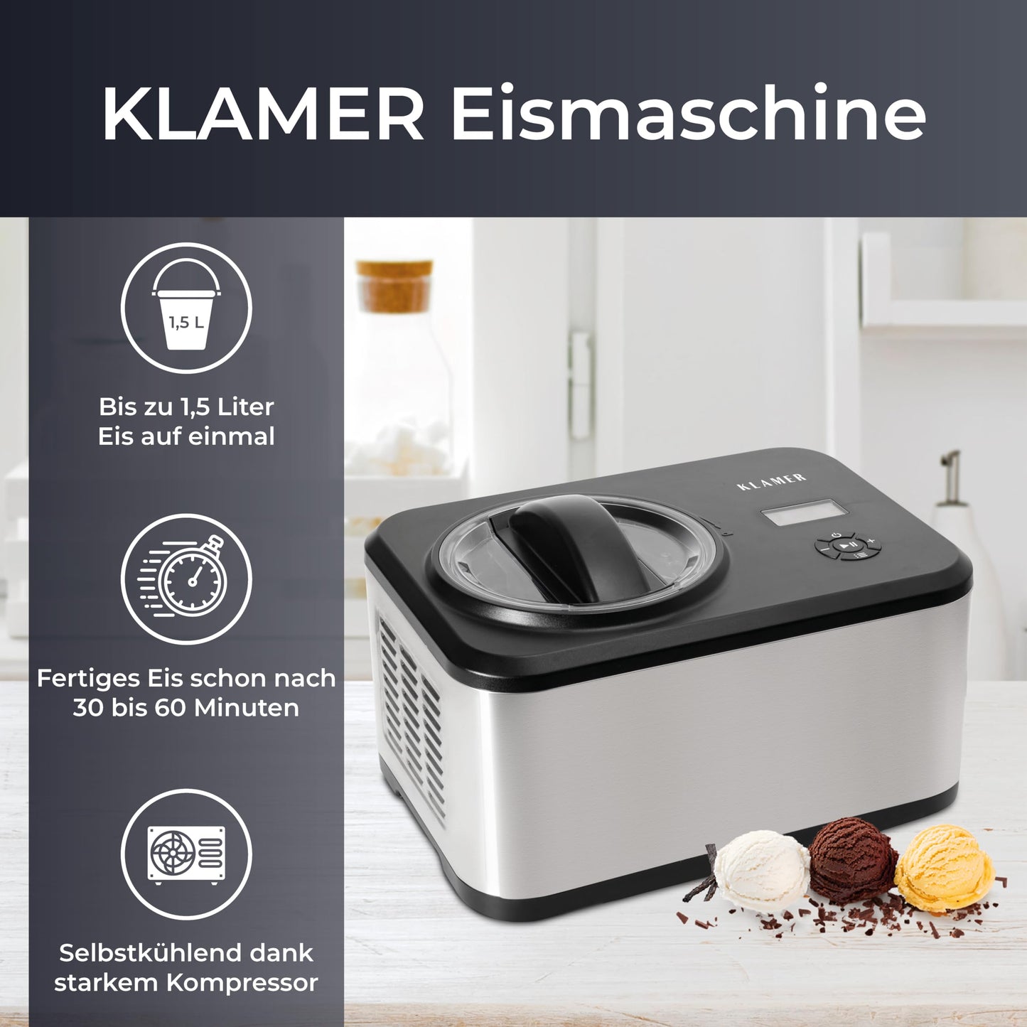 KLAMER 2-in-1 Ice Cream Maker & Yoghurt Maker 2 L, 180 W Stainless Steel Ice Cream Machine with Cooling and Heating Function, Homemade Ice Cream with Self-Cooling Compressor