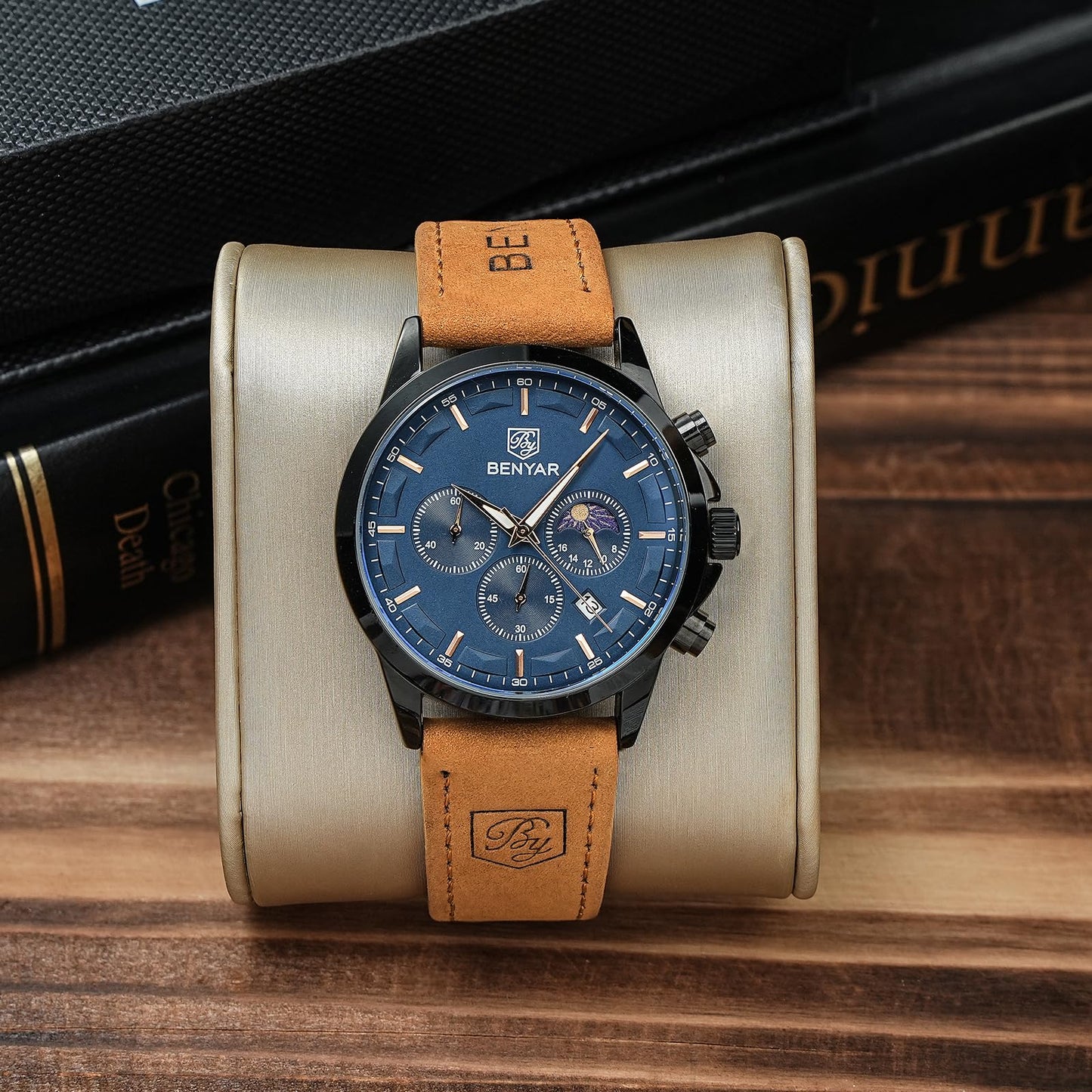 BY BENYAR Uhren Herren Chronograph Analog Quarz Wasserdicht Armbanduhr Herren Mode Lässig Business Herrenuhr mit Kalender Lederarmband/Edelstahlarmband Uhr Geschenk für Männer