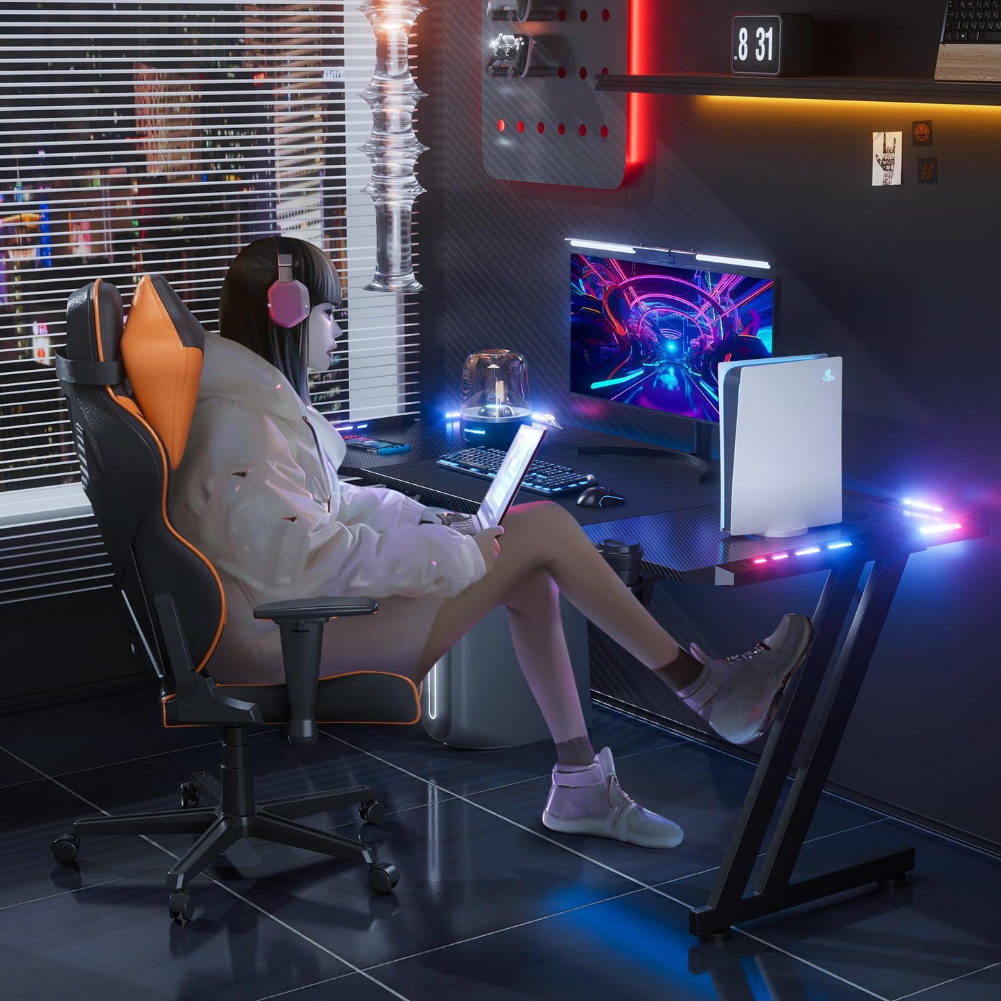 HLONONE 120 x 60 cm Gaming Tisch, Gaming Schreibtisch mit LED, PC Tisch Gaming mit Kohlefaseroberfläche, Stabiler Computertisch für Gaming mit Kopfhörerhaken und Getränkehalter, Schwarz