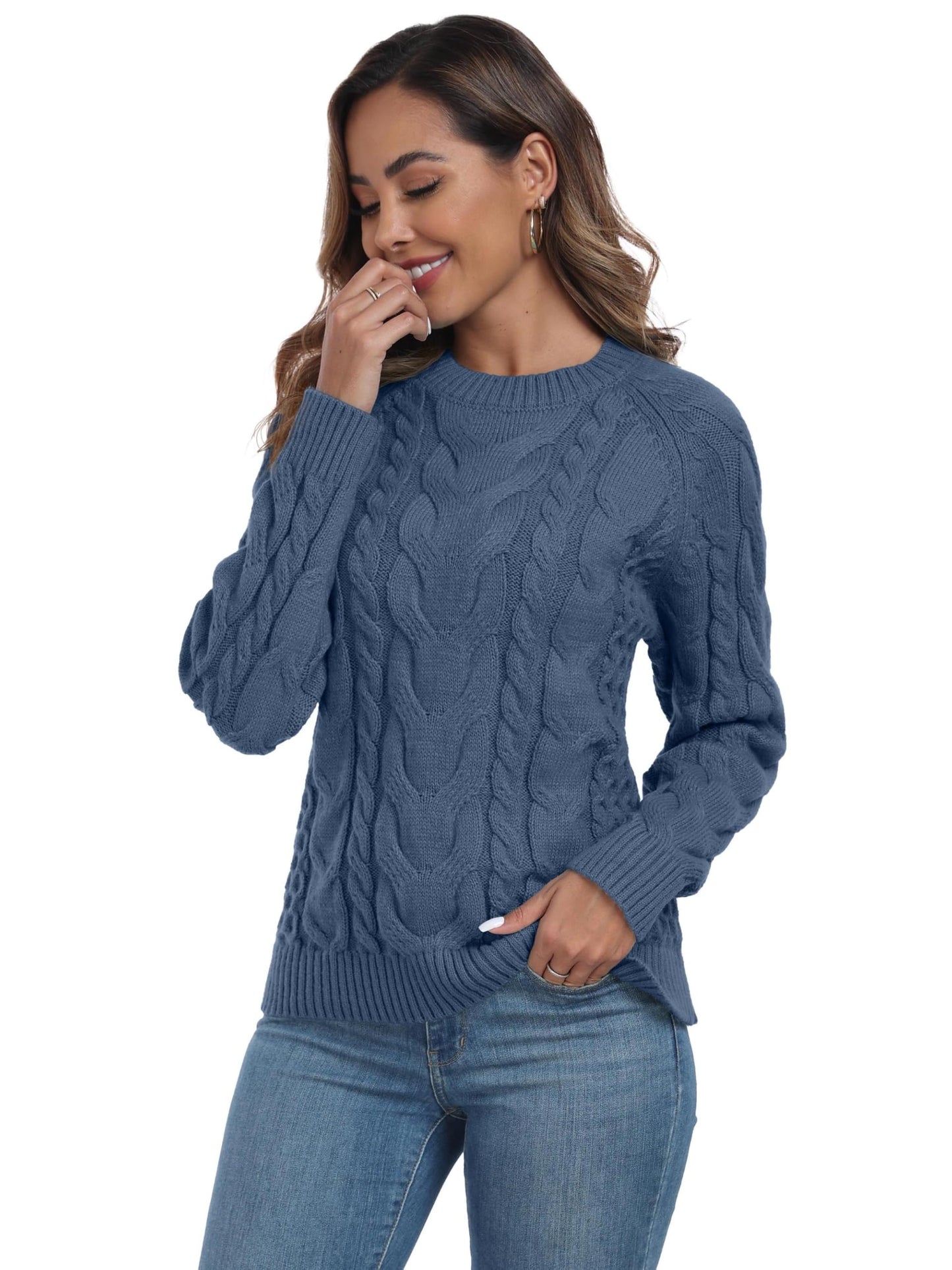 QIXING Women's Cable Knit Sweater – Elegant Long Sleeve Round Neck Winter Pullover