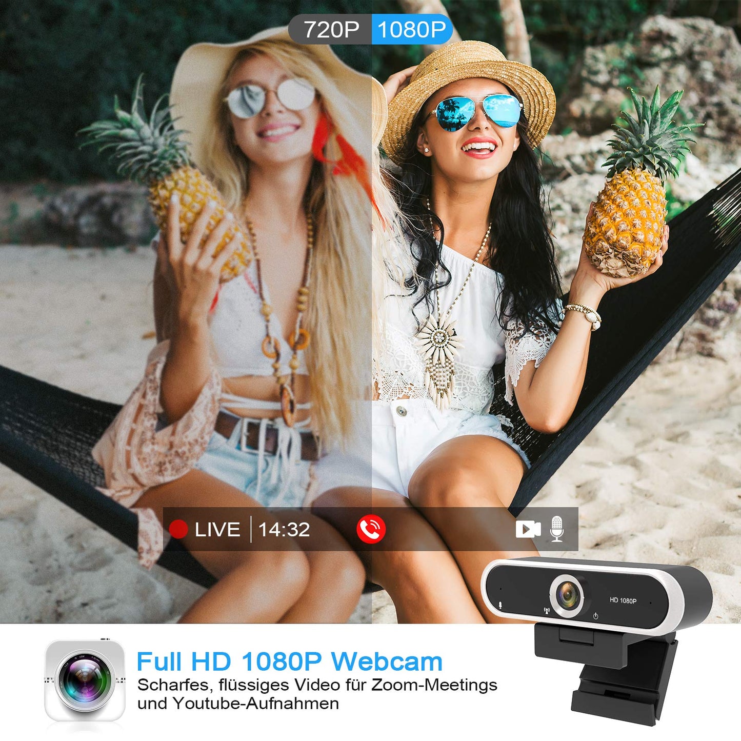 Webcam 1080P mit Mikrofon und Webcam Abdeckung, Stativ, Plug & Play, mit automatischer Lichtkorrektur, für Laptop, PC, Desktop, für Live-Streaming, Videoanruf, Konferenz, Online-Unterricht, Spiel