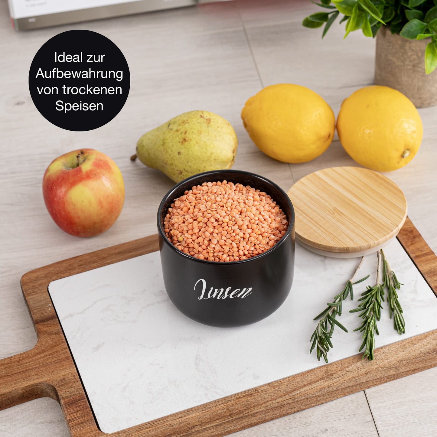 Moritz & Moritz 3x Vorratsdosen Schwarz 400ml, 600ml & 900 ml - Beschreibbar – 3x Keksdosen Keramik mit Deckel aus Bambus – Keramik Aufbewahrungsdose