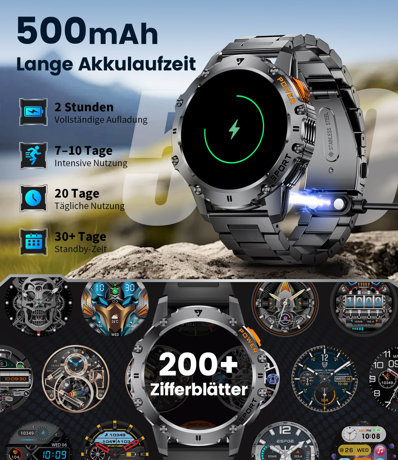 LIGE Smartwatch Herren Militär,Taschenlampe/1.43" AMOLED Sportuhr mit 500 mAh Akku/Telefonfunktion, 110+Sportmodi, IP68 Wasserdicht Smartwatch mit Herzfrequenz/Schlafmonitor für Android iOS,Schwarz