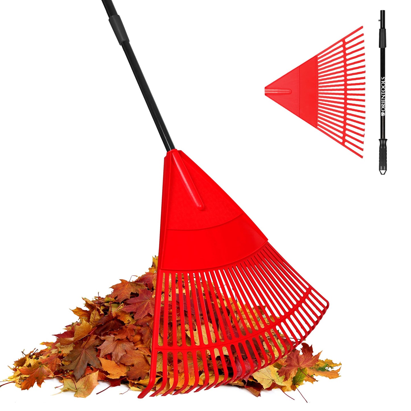 ORIENTOOLS Garten Laubrechen, Garten Rechen für Rasen Laub mit verstellbarem Griff 107 bis 156 cm Rechen, 22 Starke Zinken Kunststoff Kopf Strauch Rechen, Landschaftsbesen für Rasen und Blätter