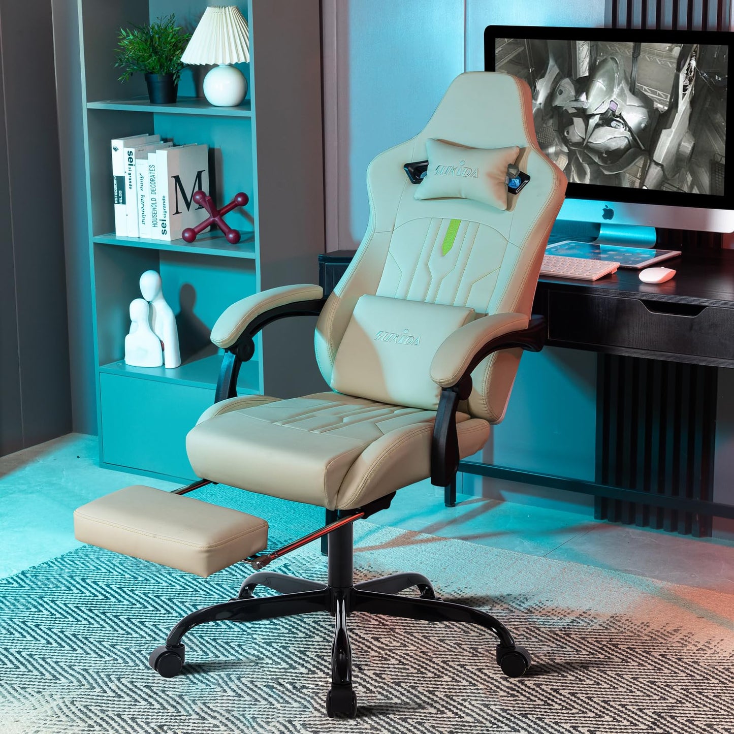 SUKIDA Gaming Stuhl Computerstuhl Ergonomischer Gaming Chair mit Fußstütze Bürostuhl Ergonomischer Computerstuhl mit Lendenwirbelstütze Schwarz