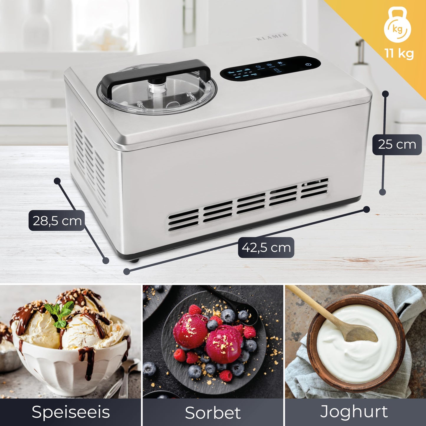 KLAMER 2-in-1 Ice Cream Maker & Yoghurt Maker 2 L, 180 W Stainless Steel Ice Cream Machine with Cooling and Heating Function, Homemade Ice Cream with Self-Cooling Compressor