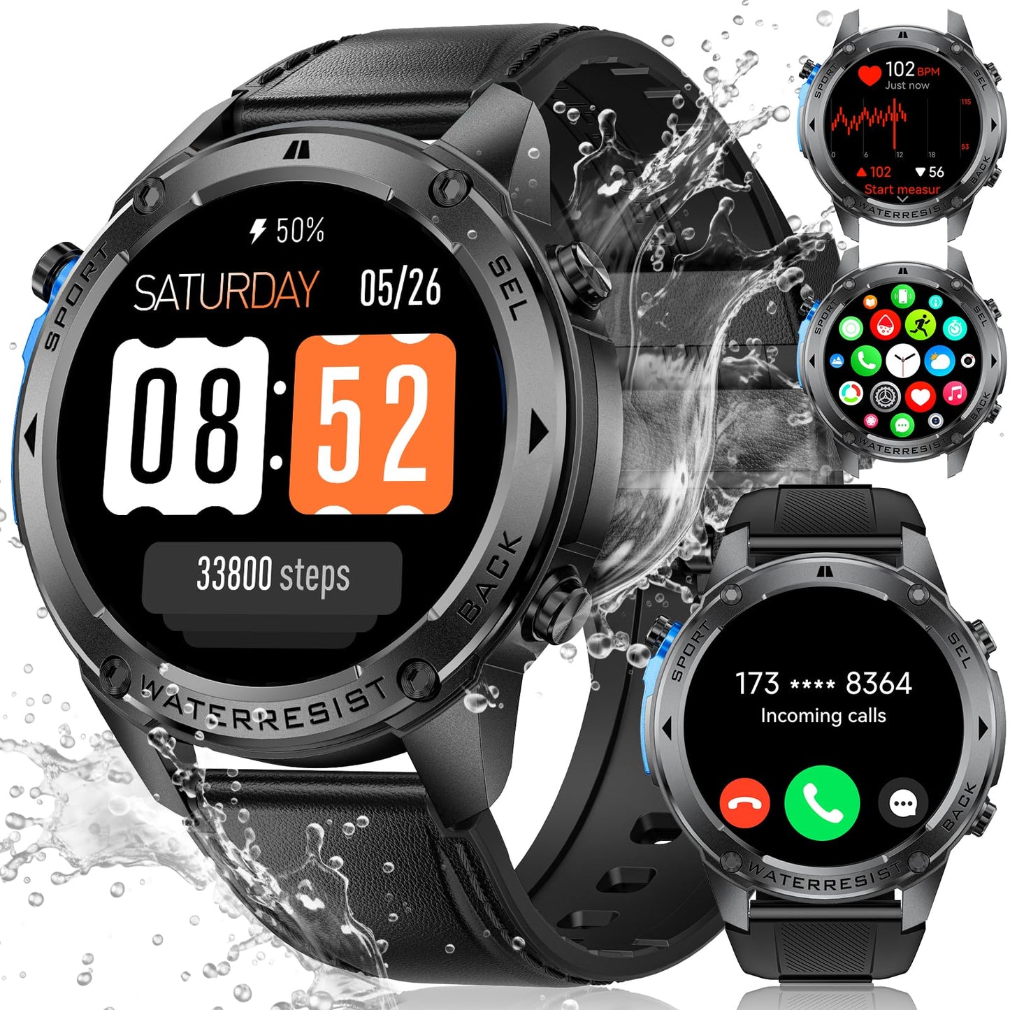 LIGE GPS Smartwatch Herren,1,43" HD AMOLED Smartwatch mit Telefonfunktion,Fitnessuhr,Gunmetal Militär Uhr mit 170+ Sportmodi,Herz-/Schlaftracking/Kompass,5ATM Wasserdicht Sportuhr für iOS/Android