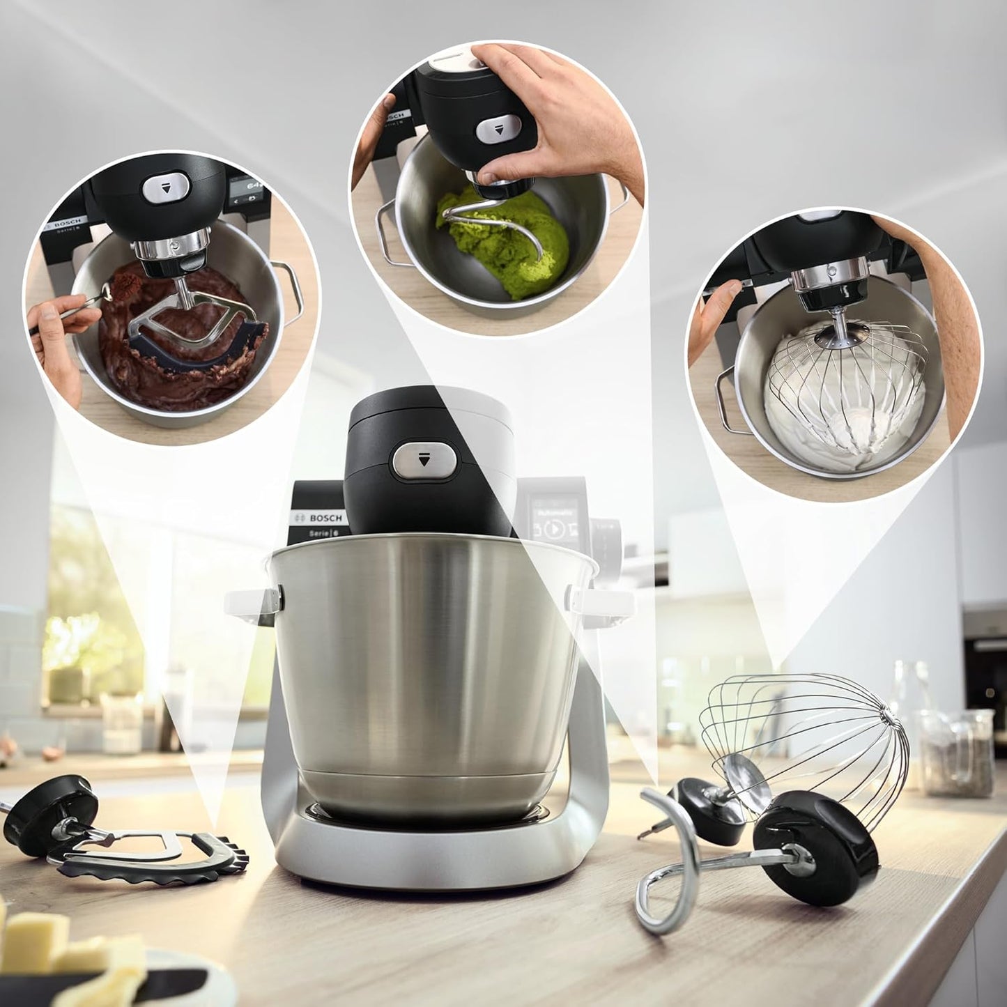 Bosch Küchenmaschine Serie 6 MUMS6ZS13D, NEU, Automatikprogramme, integr.1g Waage, 5,5l Schüssel, Durchlaufschnitzler, Scheiben, Knethaken/Rührbesen/Silikonbesen, spülm.fest, 1.600 W, silber/schwarz