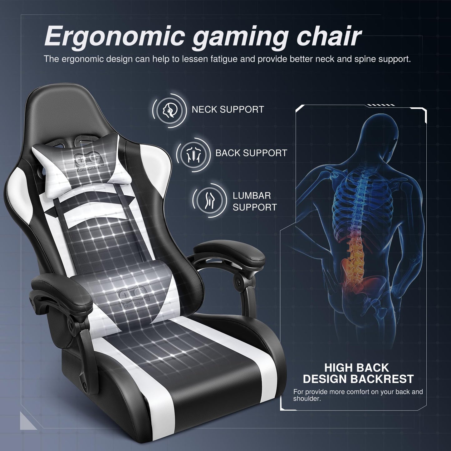 OneGame Ergonomischer Gaming Stuhl, hoher Rücken Computer Gamer Stuhl, höhenverstellbarer Game Stuhl, Racing Style Gaming Bürostuhl mit Kopfstütze und Lendenwirbelstütze, Schwarzweiß