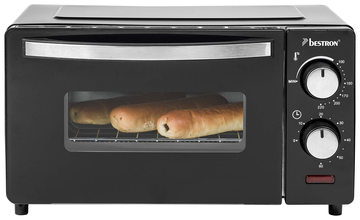 Bestron AOV9 Kompakter Mini-Backofen mit Ober-/Unterhitze, 9 Liter, 800 Watt, Schwarz