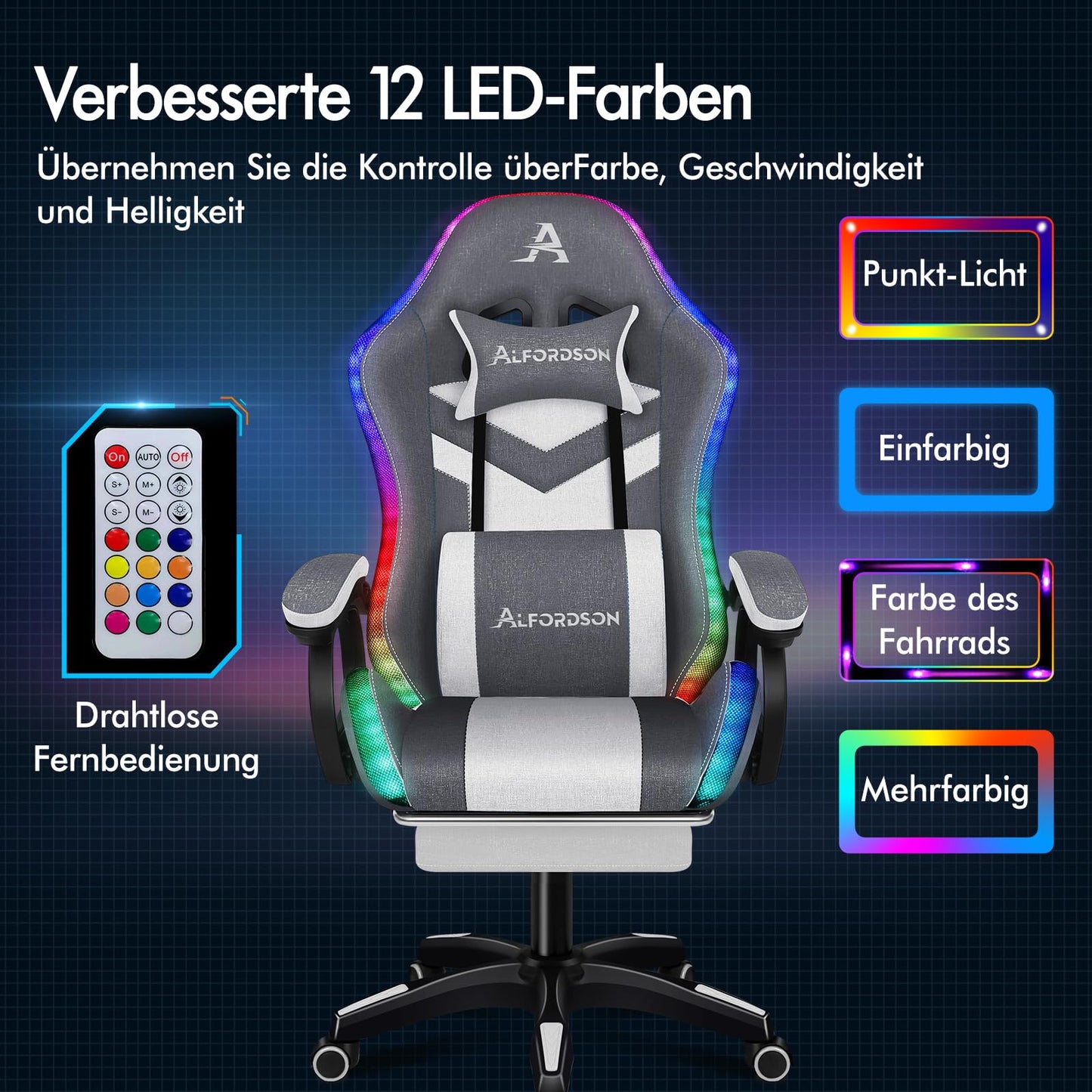 ALFORDSON Gaming Stuhl mit 8-Punkt Massage 12 Farben RGB LED-Licht, Bürostuhl Ergonomisch mit fußstützen, Kopfstütze Lendenkissen für Kinder Erwachsene, Schwarz
