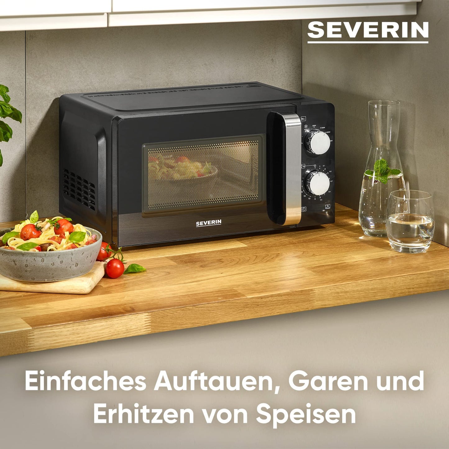 SEVERIN Mikrowelle Solo, zum Auftauen und Erhitzen, Mikrowellengerät mit Drehteller für gleichmäßige Wärmeverteilung, schwarz, MW 7886