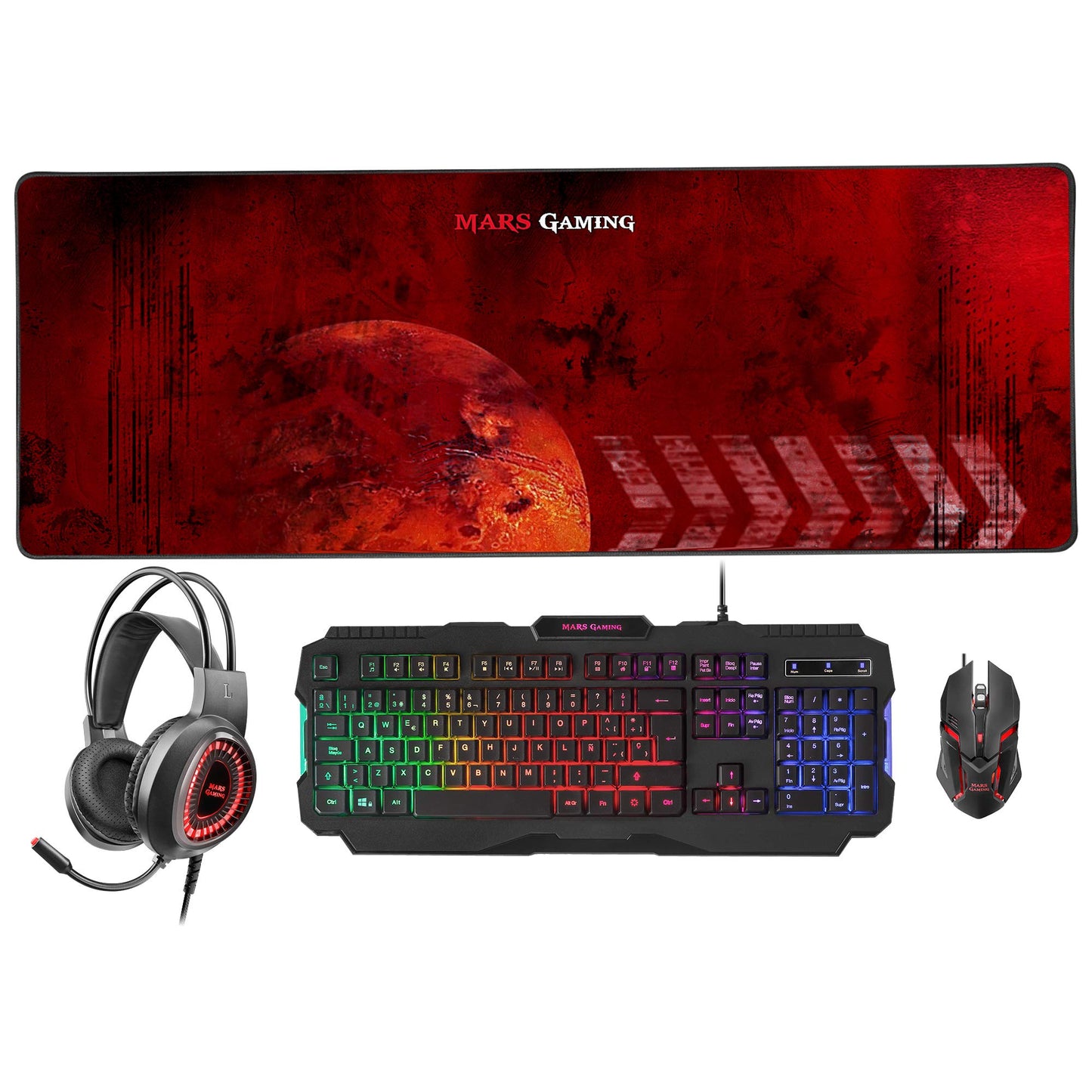 MARSGAMING MCP-RGB3, Pack Gaming Keyboard Fixed RGB + Gaming Mouse RGB Flow 3200 DPI + Headset Over-Ear RGB + XXL Mouse Pad, White, Portuguese Language