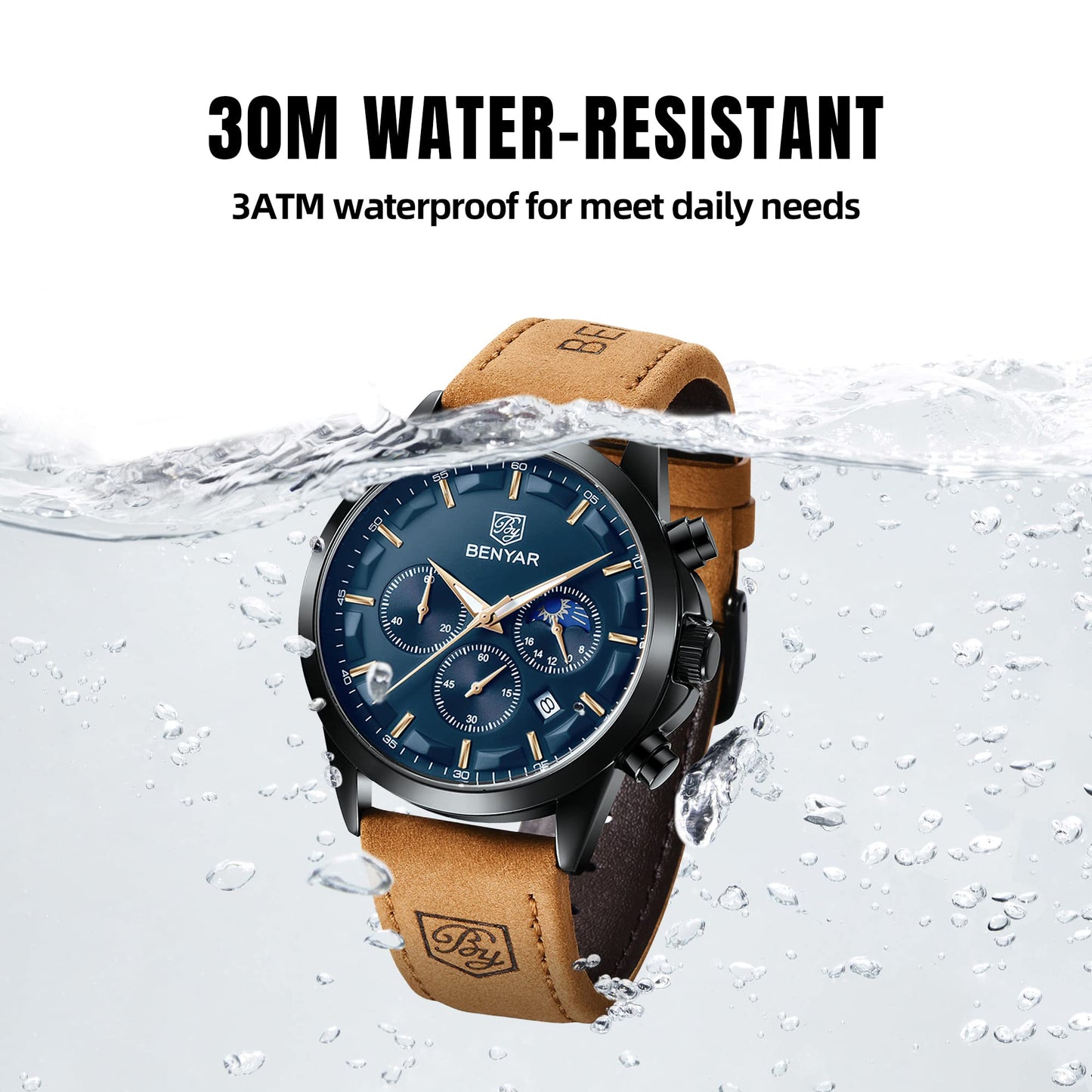 BY BENYAR Uhren Herren Chronograph Analog Quarz Wasserdicht Armbanduhr Herren Mode Lässig Business Herrenuhr mit Kalender Lederarmband/Edelstahlarmband Uhr Geschenk für Männer
