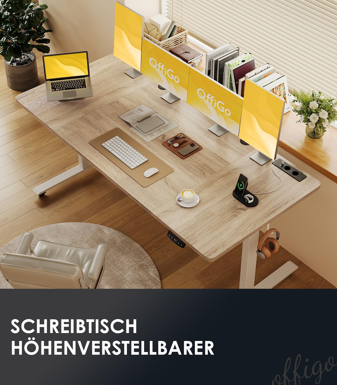 OffiGo Höhenverstellbarer Schreibtisch, 180cm, Elektrischer Schreibtisch mit USB, Schreibtisch Höhenverstellbar mit 2 Memory Funktion, Tisch Höhenverstellbar für Büro, Zuhause, Gaming, Schwarz
