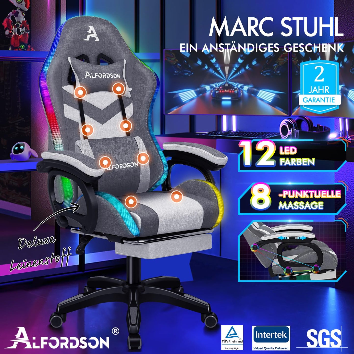 ALFORDSON Gaming Stuhl mit 8-Punkt Massage 12 Farben RGB LED-Licht, Bürostuhl Ergonomisch mit fußstützen, Kopfstütze Lendenkissen für Kinder Erwachsene, Schwarz