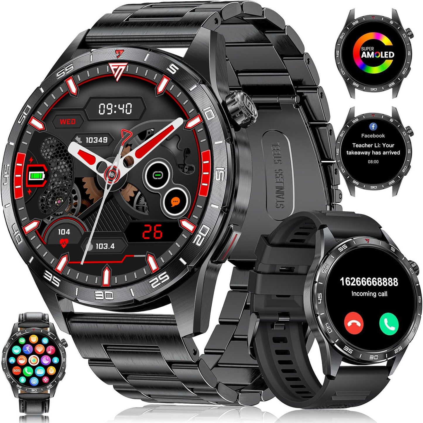 LIGE Smartwatch Herren mit 400mAh Lange Akkulaufzeit für Android iOS,1.43'' Amoled Display,110+ Sportmodi,Bluetooth-Anrufe,IP68 Wasserdicht Fitnessuhr mit Herzfrequenz, SpO2, Schlafmonitor,3 Armbänder