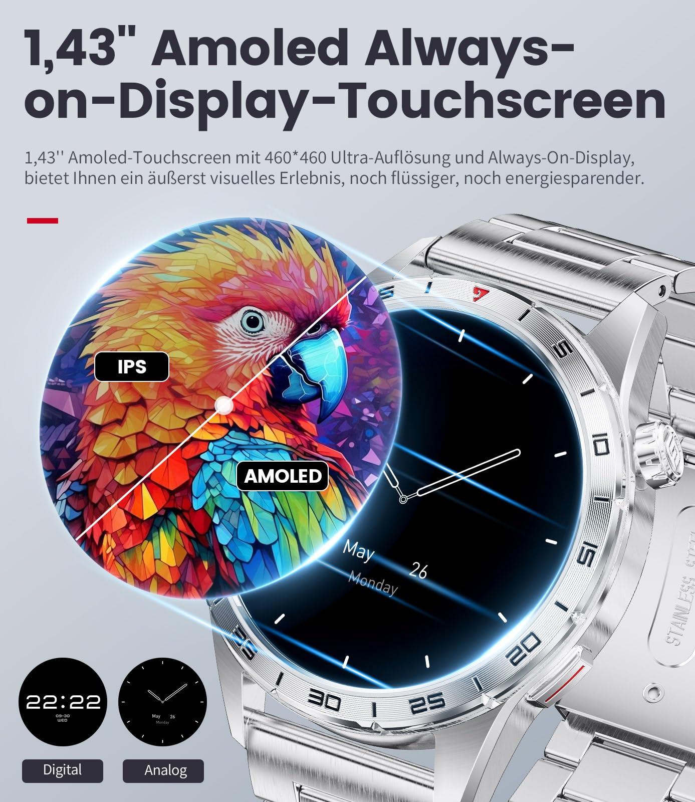 LIGE Smartwatch Herren mit 400mAh Lange Akkulaufzeit für Android iOS,1.43'' Amoled Display,110+ Sportmodi,Bluetooth-Anrufe,IP68 Wasserdicht Fitnessuhr mit Herzfrequenz, SpO2, Schlafmonitor,3 Armbänder