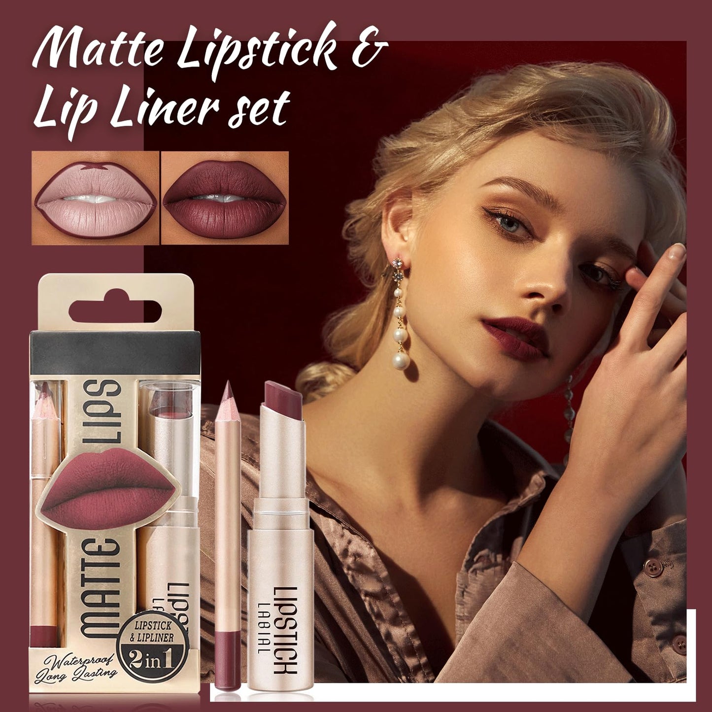 Lipstick Lipliner Set Matte Lipstick Lip Liner Long-Lasting Waterproof Vegan Gluten-Free (Nude Brown Shades)