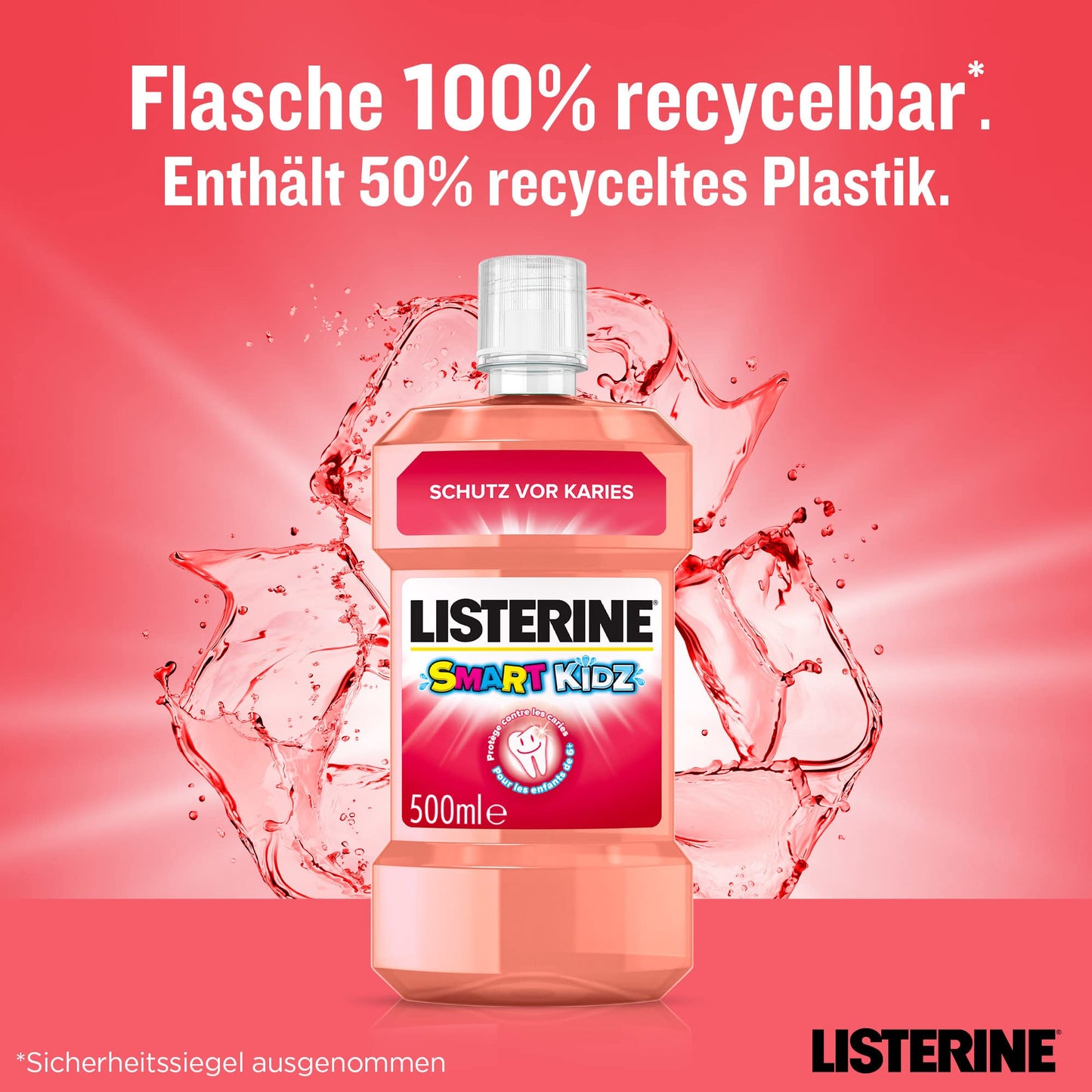 LISTERINE Smart Kidz Mild Berry (500 ml), antibakterielle Kinder Mundspülung ohne Alkohol & ohne Zucker, Mundwasser schützt vor Karies, geeignet für Kinder ab 6 Jahren