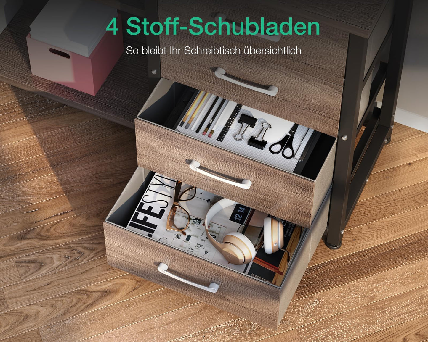 ODK Schreibtisch mit Schubladen, Reversible Eckschreibtisch mit 2 Steckdosen und 2 USB Ladeanschluss, Bürotisch L Form mit LED für Home Office 135×110cm (Schwarz)