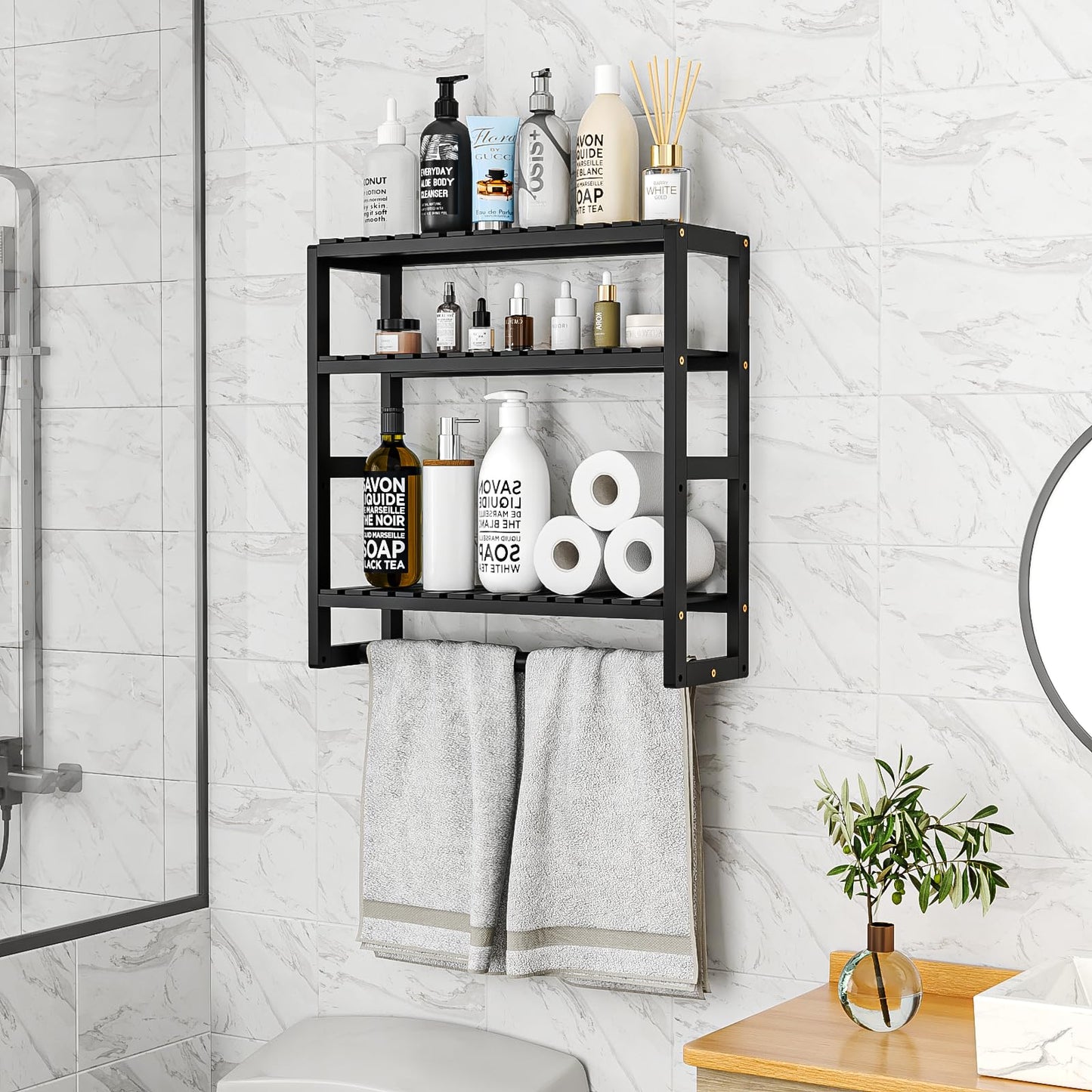 Bamworld Badezimmer Regal Badmöbel Bambus 3 Etagen Organizer Badezimmermöbel Für die Wand Platzsparend Modern (Schwarz)(42x15x42cm)