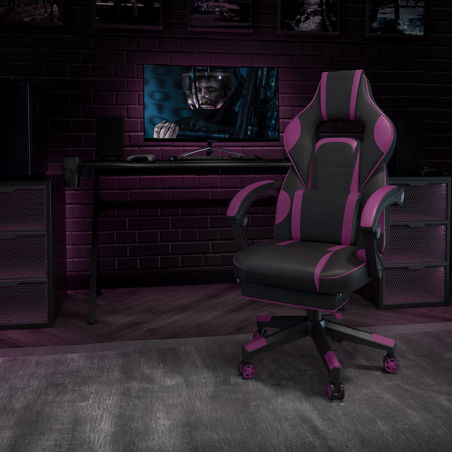 Flash Furniture X30 Gaming-Stuhl, ergonomischer Bürostuhl für PC- und Gaming-Setups, verstellbarer Rennsport-Stuhl mit vollständig verstellbarer Rückenunterstützung, schwarz mit weißer Verzierung