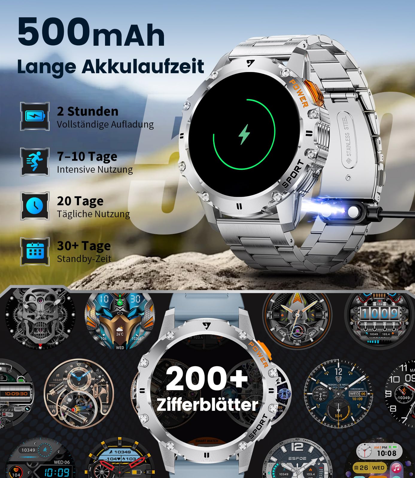 LIGE Smartwatch Herren Militär,Taschenlampe/1.43" AMOLED Sportuhr mit 500 mAh Akku/Telefonfunktion, 110+Sportmodi, IP68 Wasserdicht Smartwatch mit Herzfrequenz/Schlafmonitor für Android iOS,Schwarz