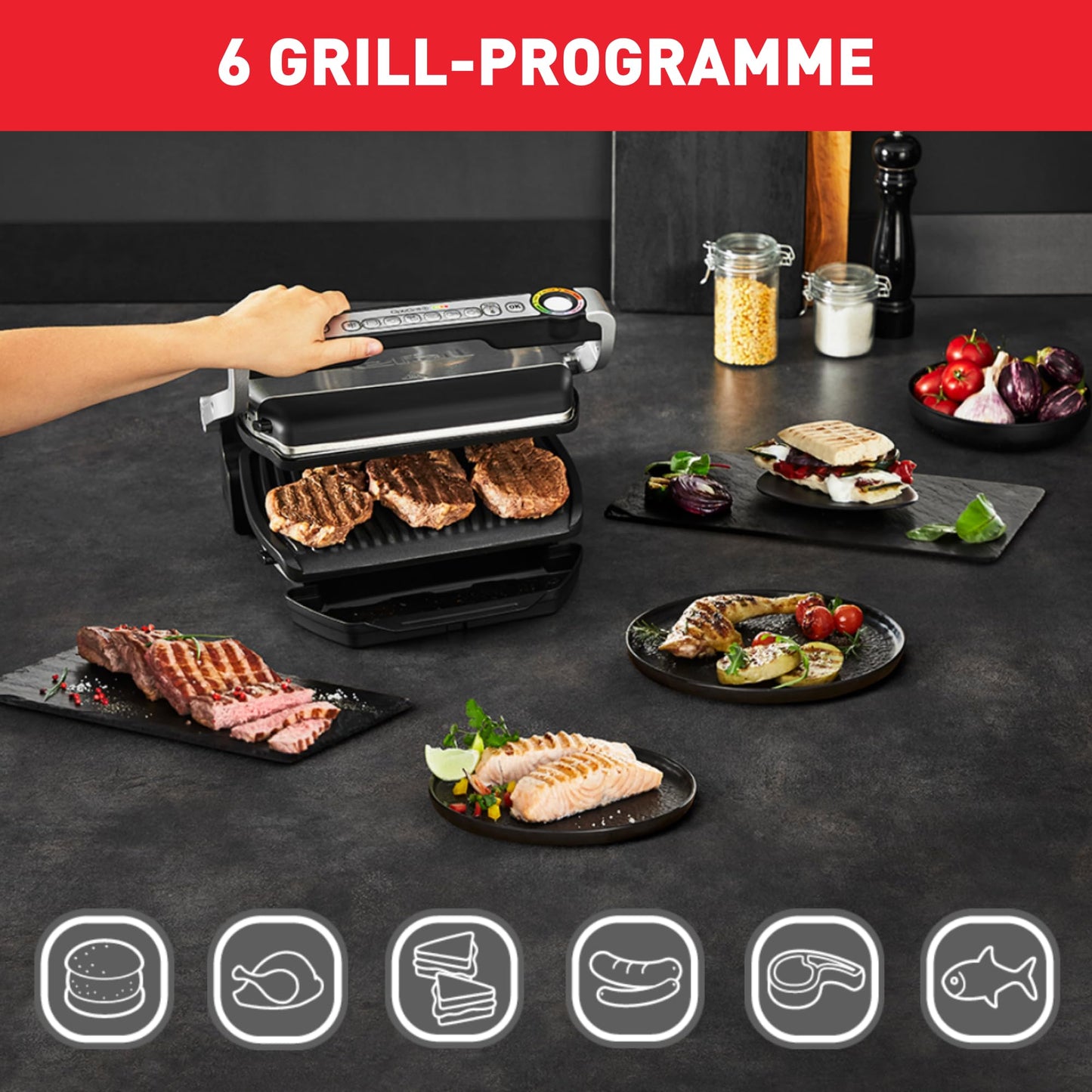 Tefal OptiGrill contact grill, 6 programs, cooking level indicator, removable plates, manual mode, electric grill, black, GC705816