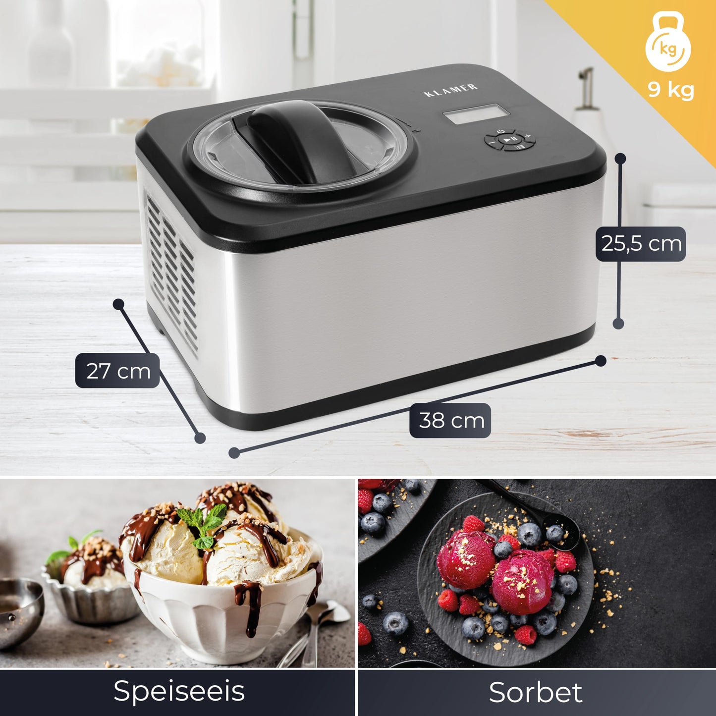 KLAMER 2-in-1 Ice Cream Maker & Yoghurt Maker 2 L, 180 W Stainless Steel Ice Cream Machine with Cooling and Heating Function, Homemade Ice Cream with Self-Cooling Compressor