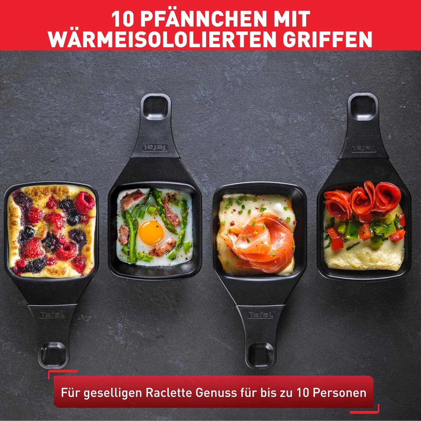 Tefal Raclette Grill Ambiance, Raclette 10 Personen, inkl. Tischgrill-Funktion, Grillplatte antihaftbeschichtet + spülmaschinengeeignet, abnehmbares 2 Meter-Kabel, schwarz, Edelstahl, 1350W, RE4588