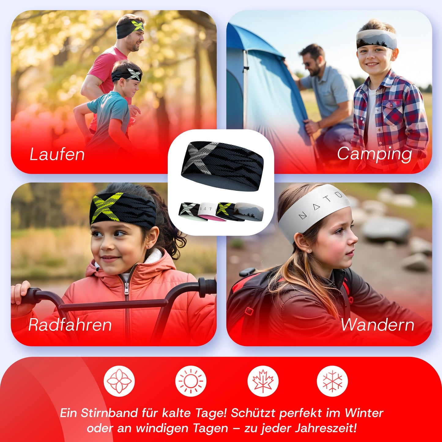 Junior 4-14 Jahre Sport Stirnband zum Wenden, 2-lagig für kalte Temperaturen, schnelltrocknend, Headband, Ohrenschützer, Schweißband, Haarband, Kopfband, Wandern, Laufen, Rad, Ski