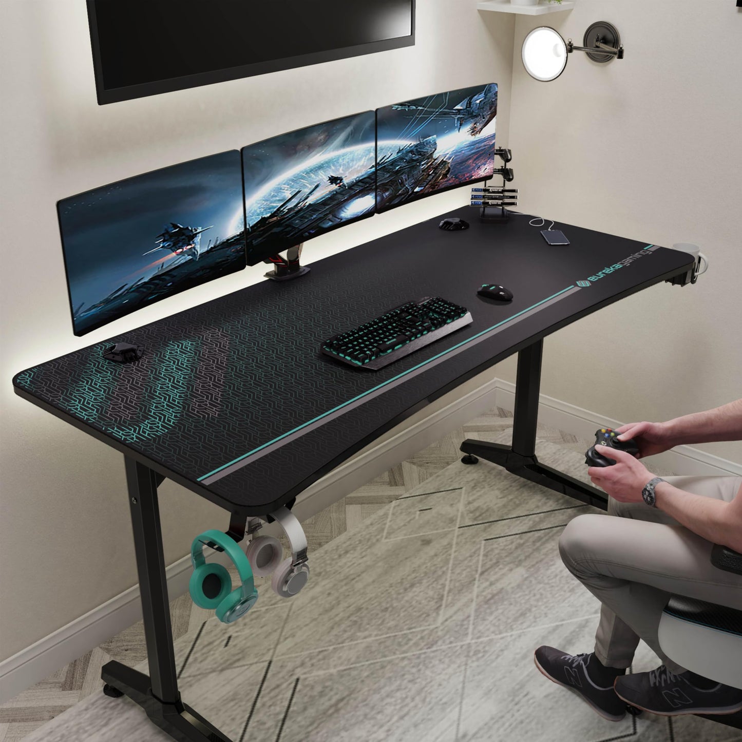 EUREKA ERGONOMIC Gaming Tisch 152×70cm Gaming Schreibtisch Großer Computertisch Ergonomischer PC Tisch Gamer mit Kopfhörerhaken, Getränkehalter für Home Office