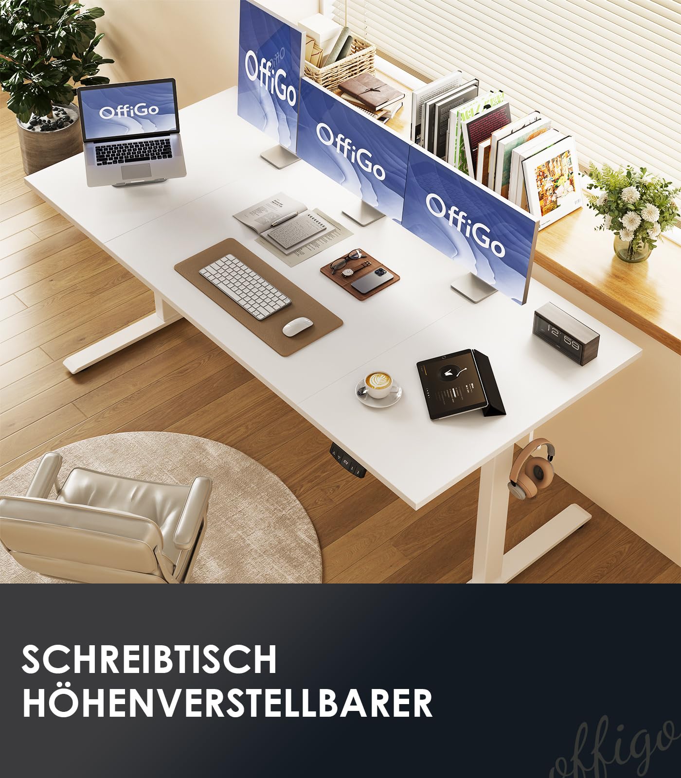 OffiGo Höhenverstellbarer Schreibtisch, 120 cm Elektrischer Schreibtisch, Ergonomischer Tisch mit Memory-Funktion, Gaming Tisch Höhenverstellbar, Moderner Computertisch für Zuhause und Büro, Weiß