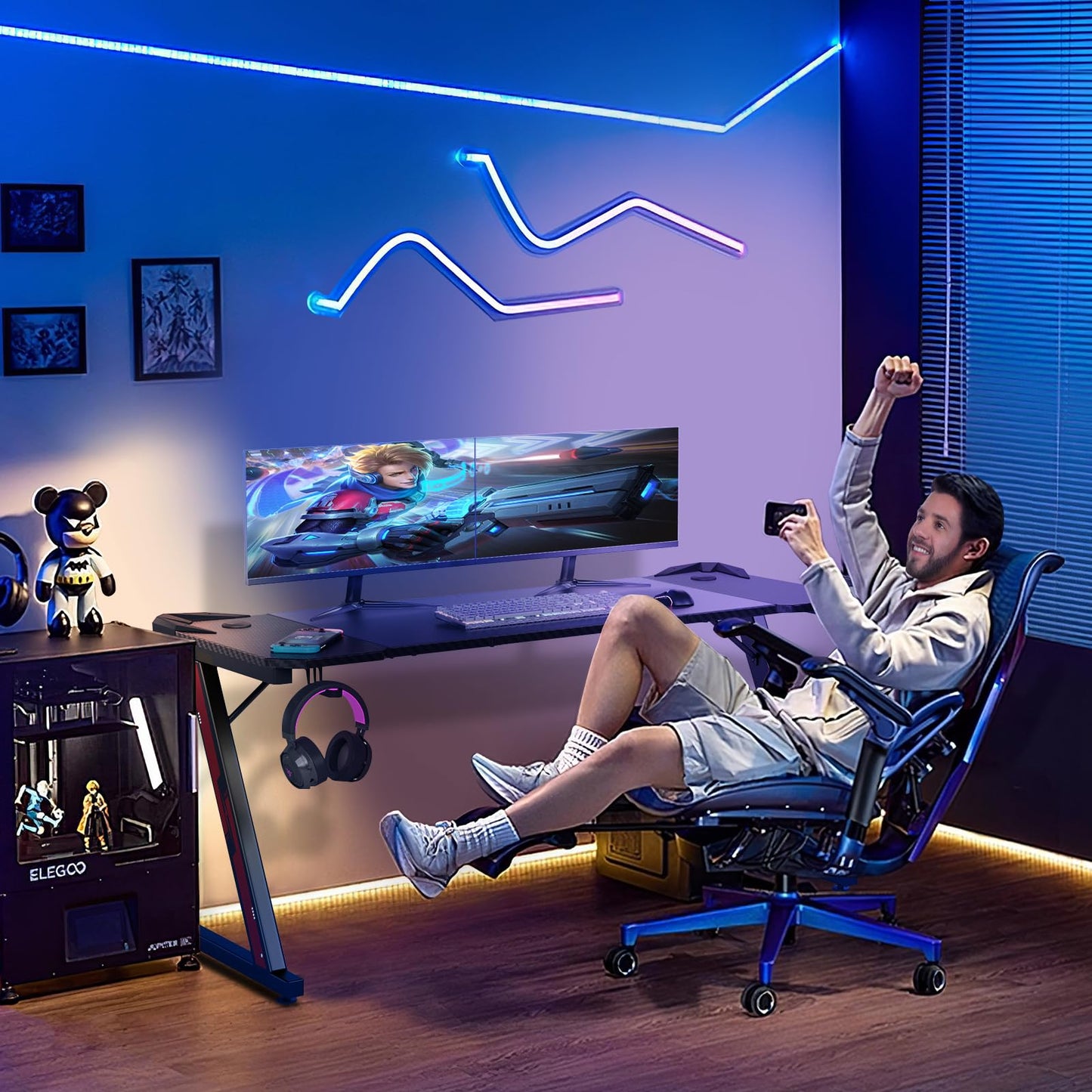 Homall Gaming Table, 80 x 52 cm, Z-Frame Gamer Desk with Headphone Hooks & Drink Holder, Carbon Coating, Ergonomic PC Computer Desk, Sturdy Table