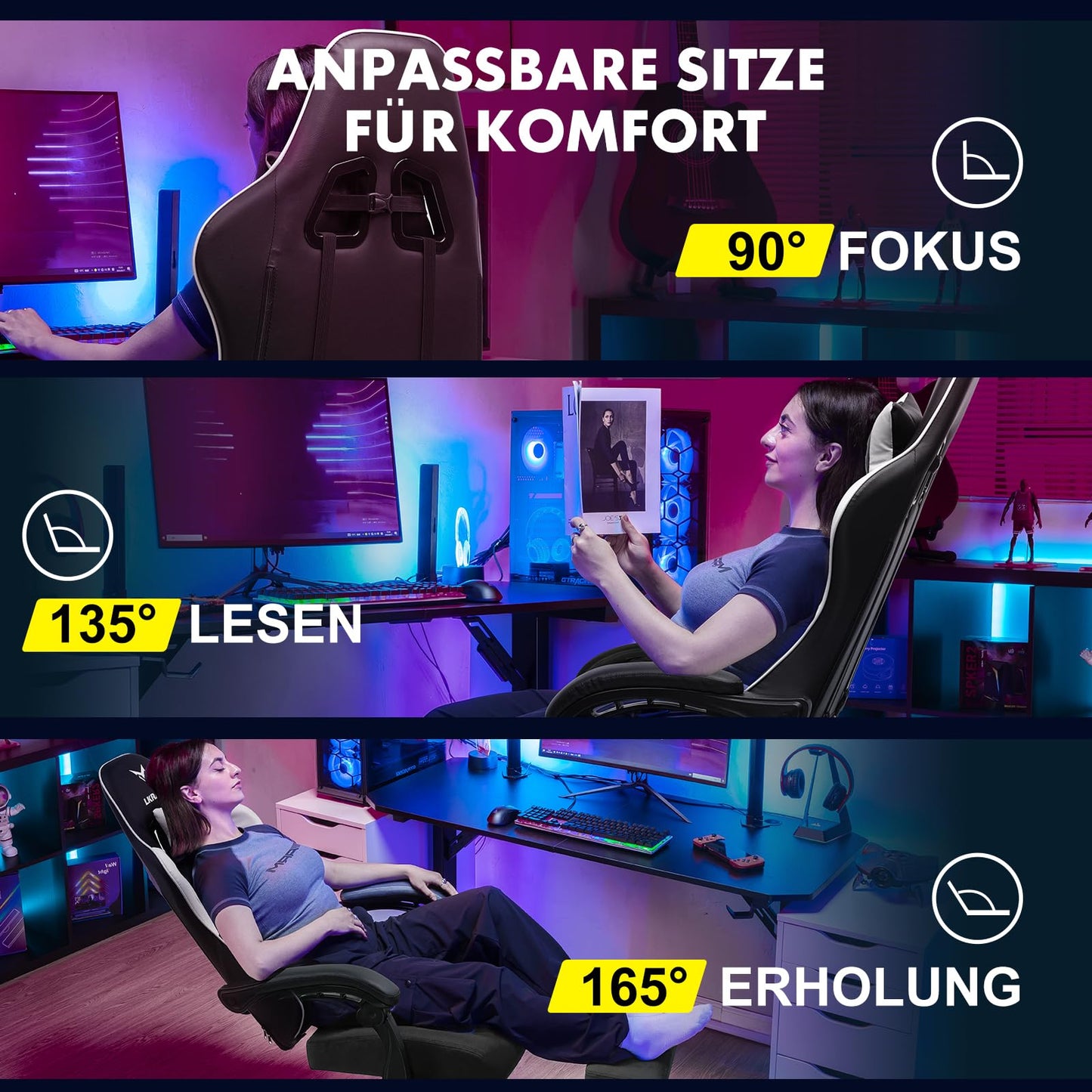 LUCKRACER Gaming Stuhl mit fußstütze Bürostuhl Ergonomisch mit verstellbare Lendenkissen, Kopfkissen Gaming Chair,Höhenverstellbarer Gamer Stuhl, 150 kg Belastbarkeit Grau