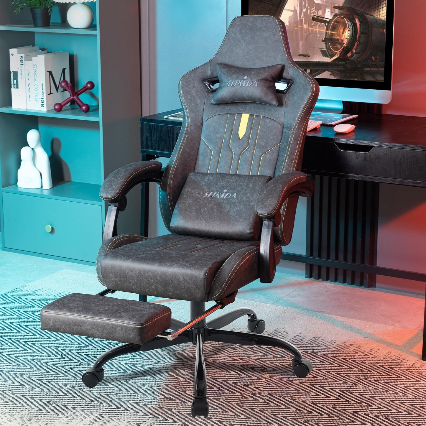 SUKIDA Gaming Stuhl Computerstuhl Ergonomischer Gaming Chair mit Fußstütze Bürostuhl Ergonomischer Computerstuhl mit Lendenwirbelstütze Schwarz