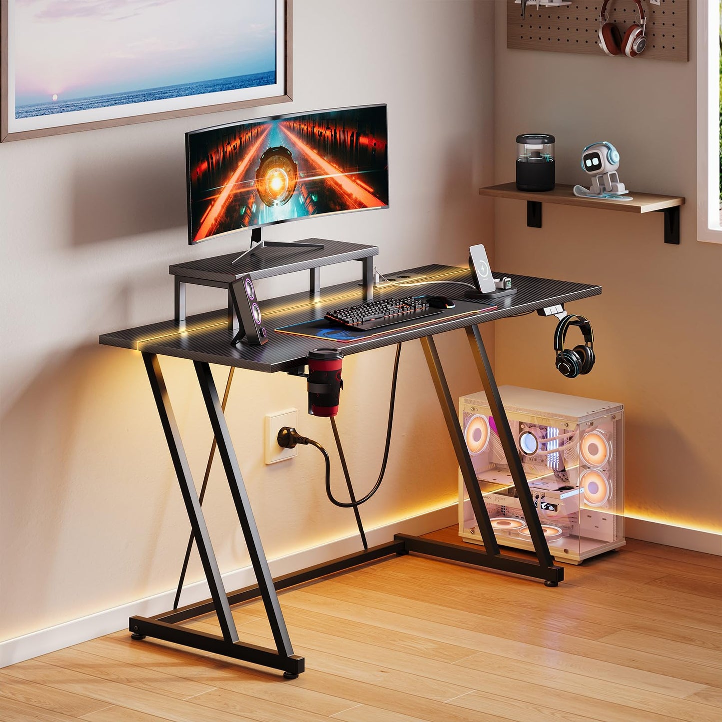 ODK Gaming Tisch mit LED & Steckdose, Gaming Schreibtisch mit Becherhalter und Kopfhörerhaken, Doppel-Z-Rahmen-Design Kleiner Computertisch, Carbon Fiber Schwarz PC Tisch 120 cm