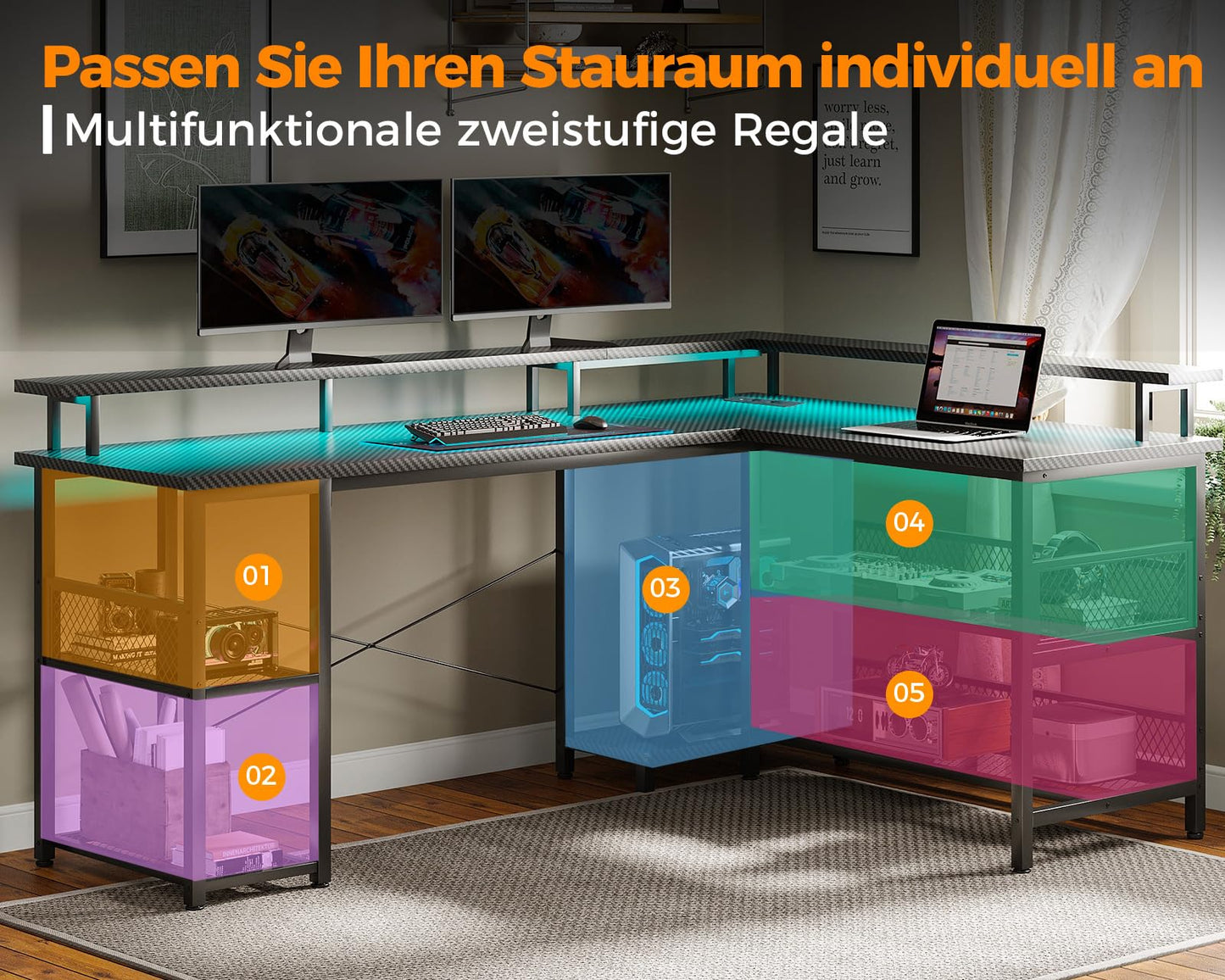 ODK Gaming Tisch mit LED, Reversibel Gaming Schreibtisch mit 2 Steckdosen & 2 USB-Ladeanschlüssen, Eckschreibtisch Groß mit Netzablage, Schwarz 150×102cm