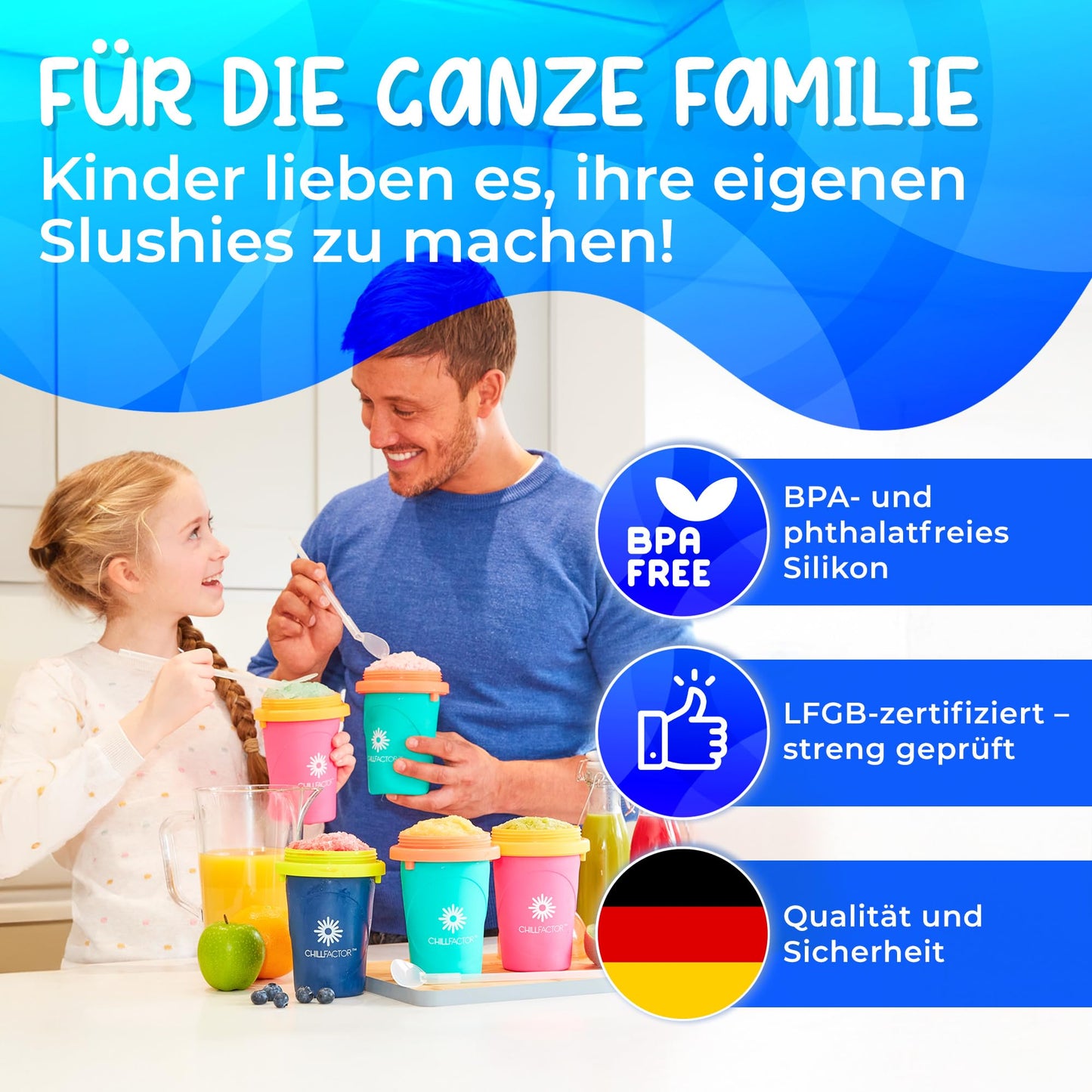 Magic Freez Slushy Maker – Tragbarer Slushy Becher aus Silikon mit 2-in-1 Strohhalm und Löffel – Slush Ice Maker für erfrischende Slushies – Slushi Cup zum Slush Eis selbermachen – 370ml