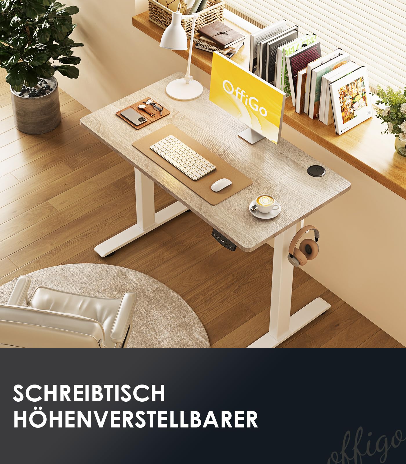 OffiGo Höhenverstellbarer Schreibtisch, 120 cm Elektrischer Schreibtisch, Ergonomischer Tisch mit Memory-Funktion, Gaming Tisch Höhenverstellbar, Moderner Computertisch für Zuhause und Büro, Weiß