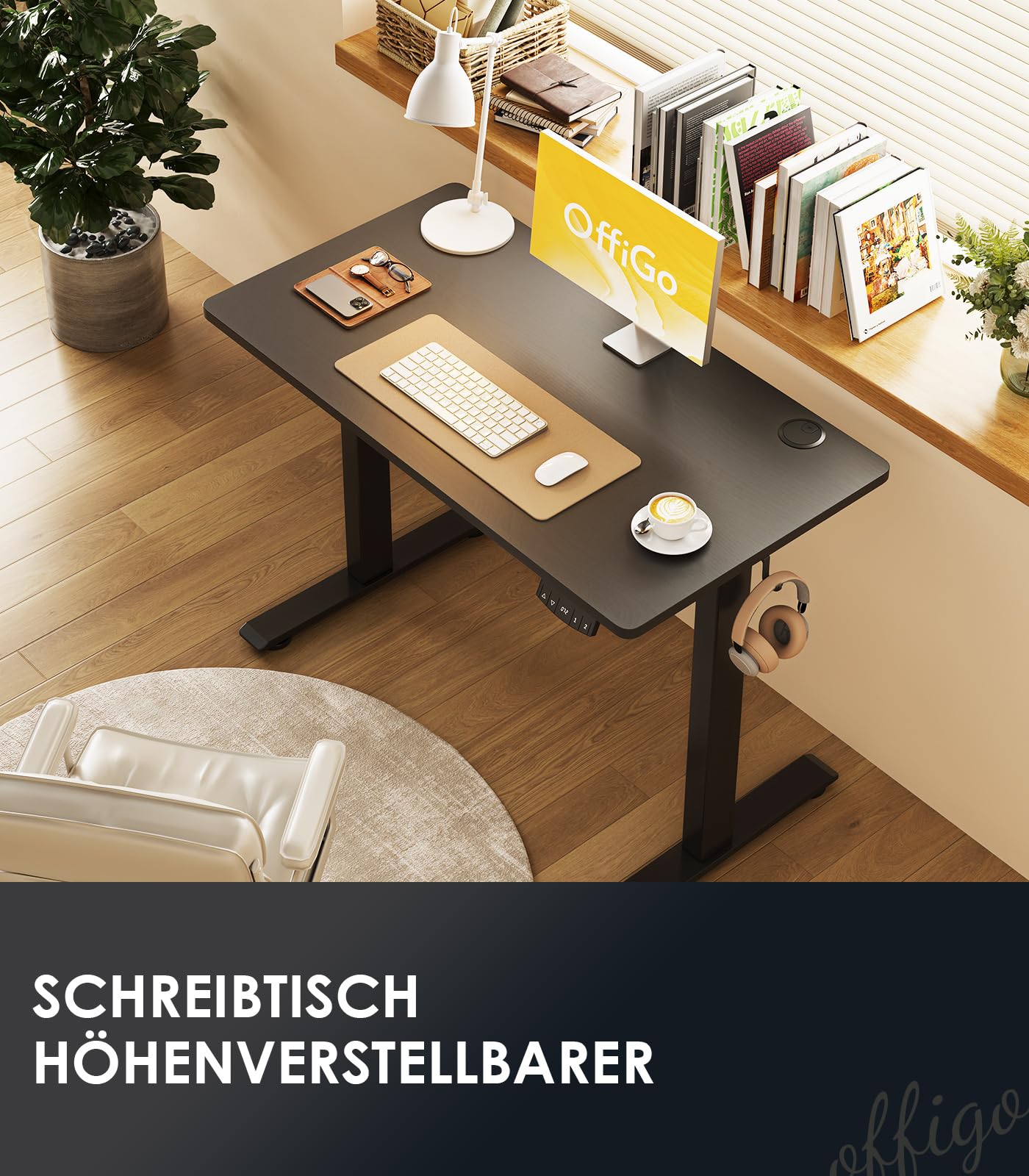 OffiGo Höhenverstellbarer Schreibtisch, 180cm, Elektrischer Schreibtisch mit USB, Schreibtisch Höhenverstellbar mit 2 Memory Funktion, Tisch Höhenverstellbar für Büro, Zuhause, Gaming, Schwarz