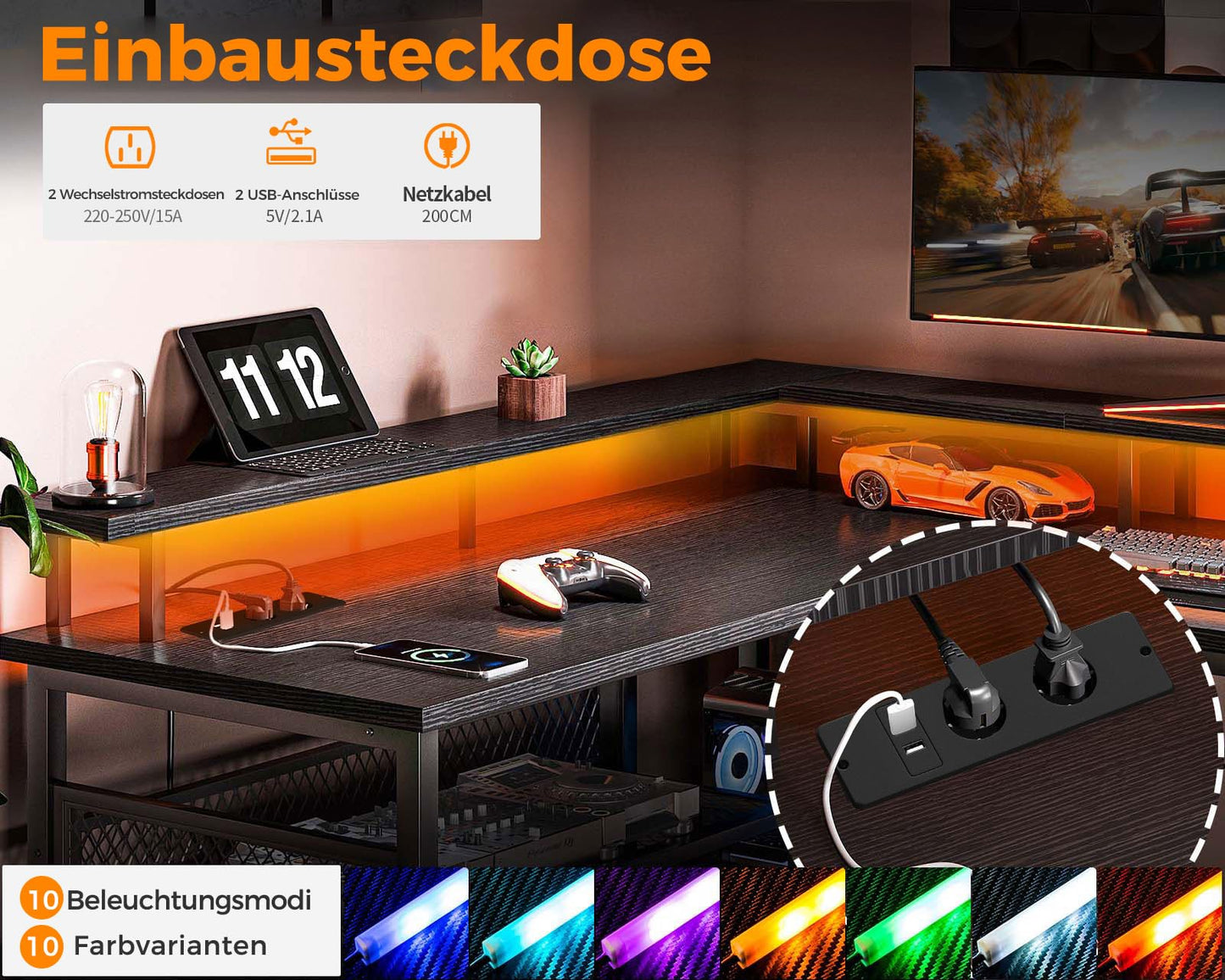 ODK Gaming Tisch mit LED, Reversibel Gaming Schreibtisch mit 2 Steckdosen & 2 USB-Ladeanschlüssen, Eckschreibtisch Groß mit Netzablage, Schwarz 150×102cm