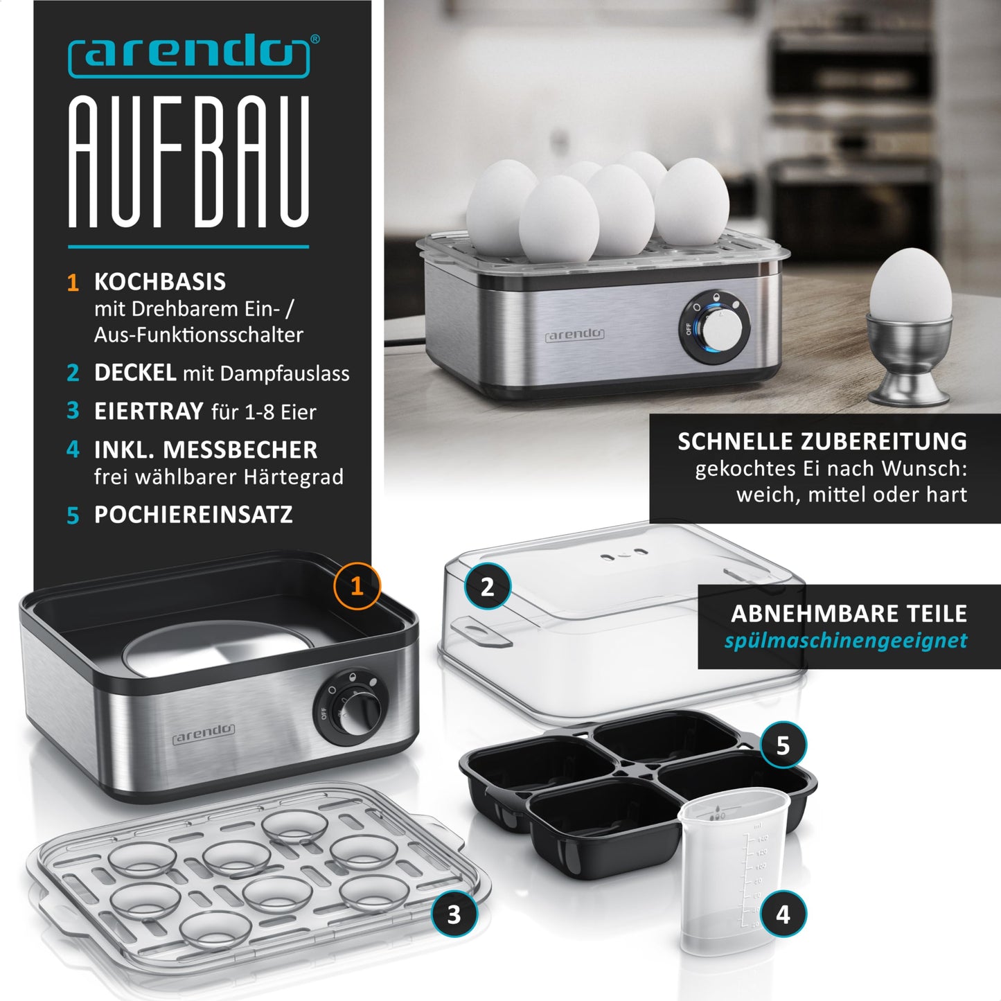 Arendo - Eierkocher Edelstahl für 1 bis 8 Eier - Egg Cooker - 500 W – Kontroll Leuchte – Drehregler für drei Härtegrade - spülmaschinengeeignet | Cool Grey