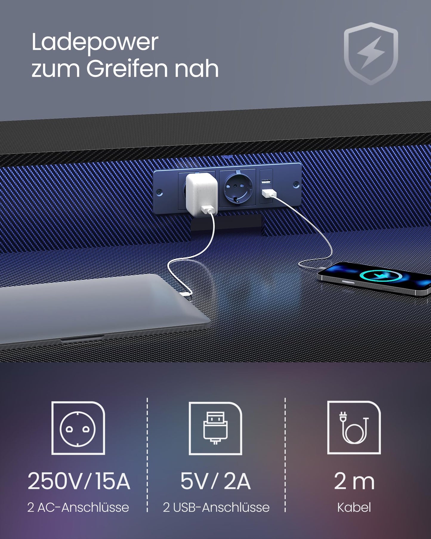 VASAGLE Schreibtisch, Gaming Tisch mit eingebauter Steckdosenleiste, Computertisch, mit Monitorständer für 2 Monitore, Schlafzimmer, 60 x 120 x 76 cm, rußschwarz LWD192B02
