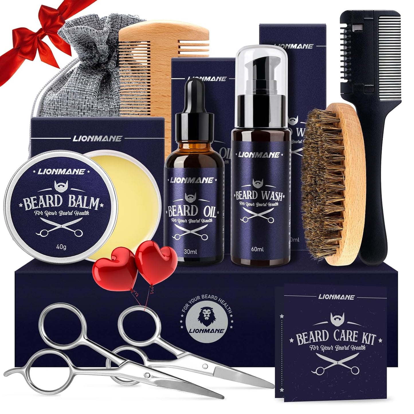 Bartpflege Set für Männer, Geschenke für Männer, Bart Geschenk Lionmane Geschenke Beard Set 60ML Bartshampoo, 30ML Bartöl, 2 Bartschere, Balsam, Bürste, Kamm, Tasche, Bartschneider Kamm