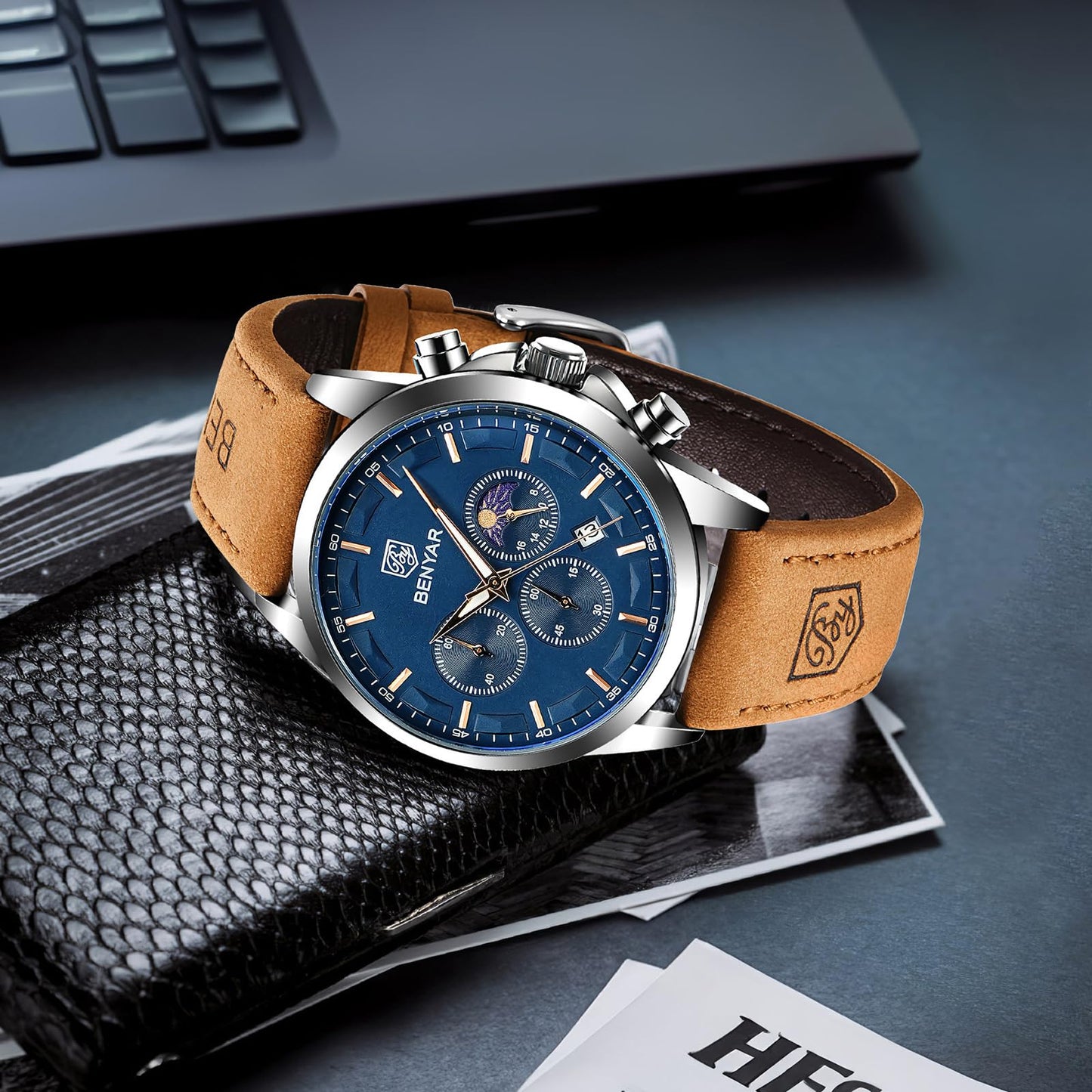 BY BENYAR Uhren Herren Chronograph Analog Quarz Wasserdicht Armbanduhr Herren Mode Lässig Business Herrenuhr mit Kalender Lederarmband/Edelstahlarmband Uhr Geschenk für Männer