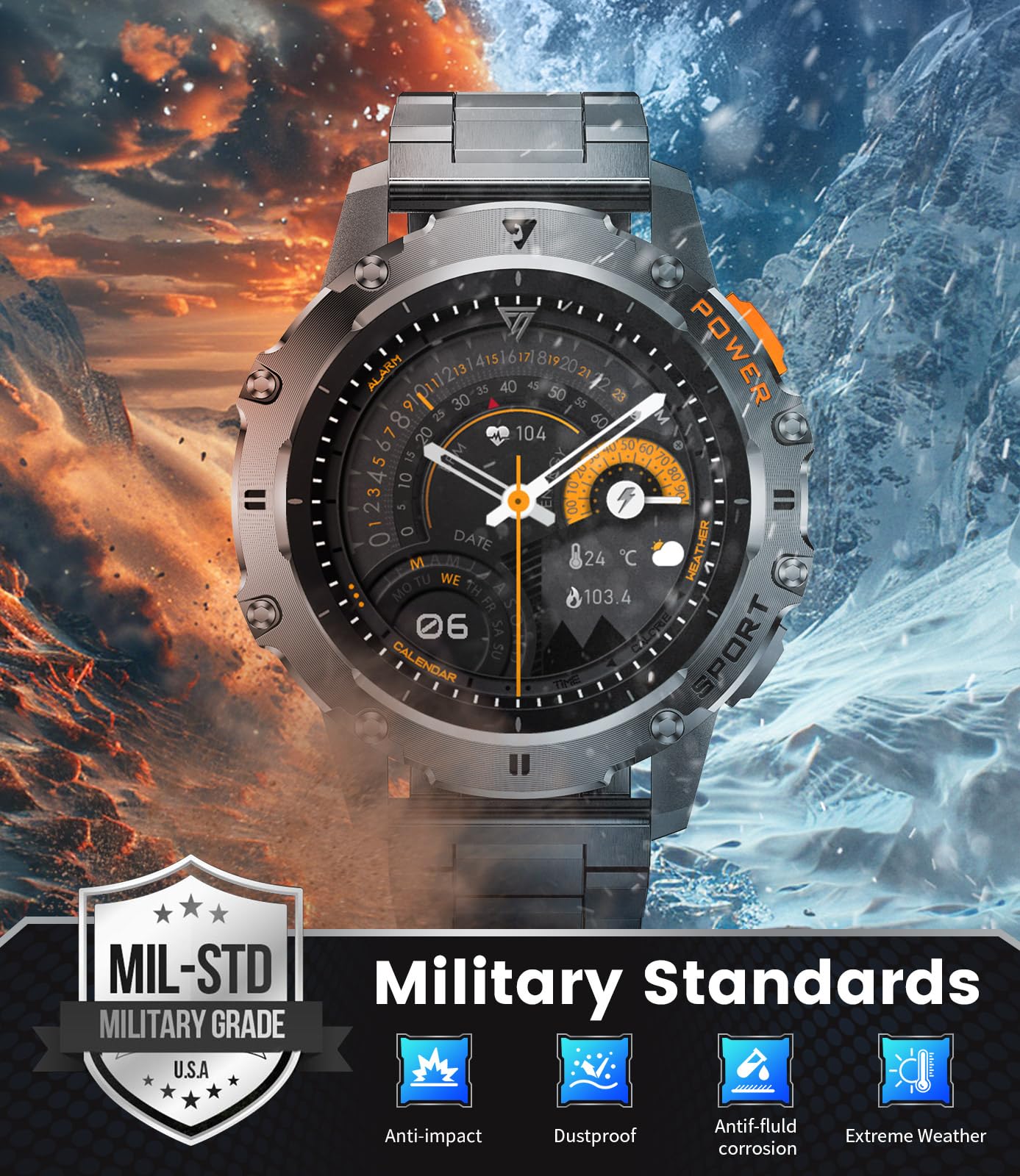 LIGE Smartwatch Herren Militär,Taschenlampe/1.43" AMOLED Sportuhr mit 500 mAh Akku/Telefonfunktion, 110+Sportmodi, IP68 Wasserdicht Smartwatch mit Herzfrequenz/Schlafmonitor für Android iOS,Schwarz