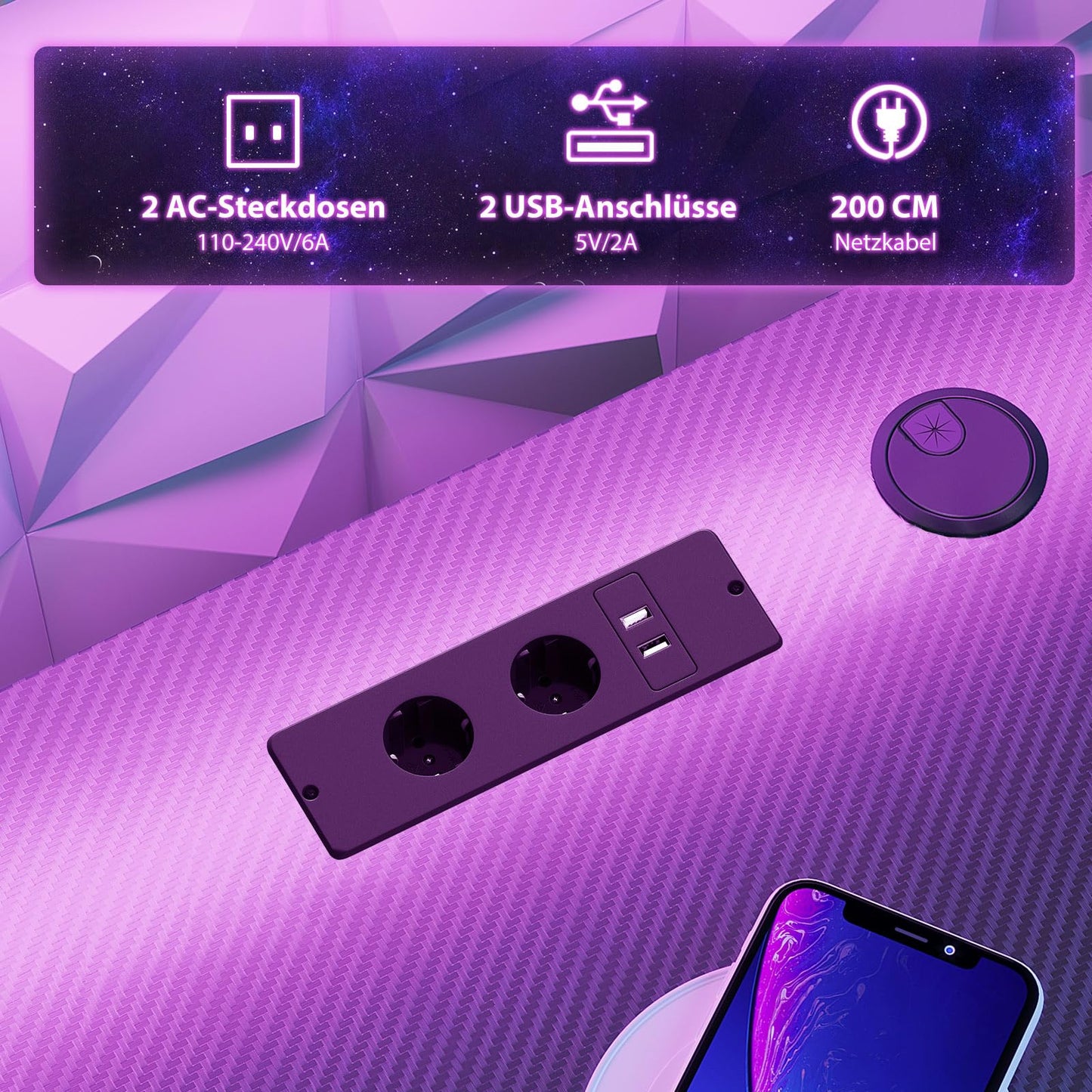 ODK Gaming Tisch, Kleiner Gaming Schreibtisch mit LED Beleuchtung & Steckdosen, Computertisch mit Monitorablage, Carbon Fiber Schwarz PC Gamer Tisch 100cm