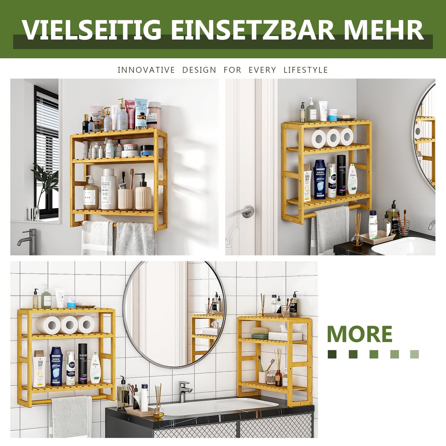 Bamworld Badezimmer Regal Badmöbel Bambus 3 Etagen Organizer Badezimmermöbel Für die Wand Platzsparend Modern (Schwarz)(42x15x42cm)